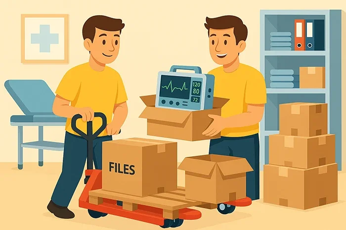 Two movers in yellow uniforms carefully transporting medical equipment inside a clinic, using a pallet jack and packing a vital signs monitor during a professional medical office move in Toronto and the GTA.
