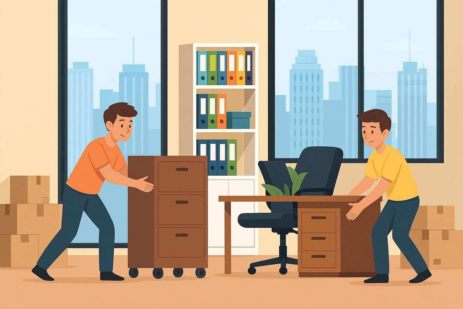 Flat-style illustration of two movers rearranging office furniture, including a filing cabinet and desk, during an internal office reconfiguration in a modern downtown Toronto workspace.