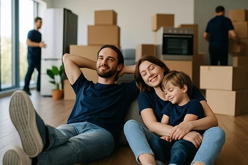 Young couple relaxing on a sofa after a move, with professional movers in dark blue uniforms handling furniture and appliance delivery in the background—capturing a smooth and stress-free relocation experience.