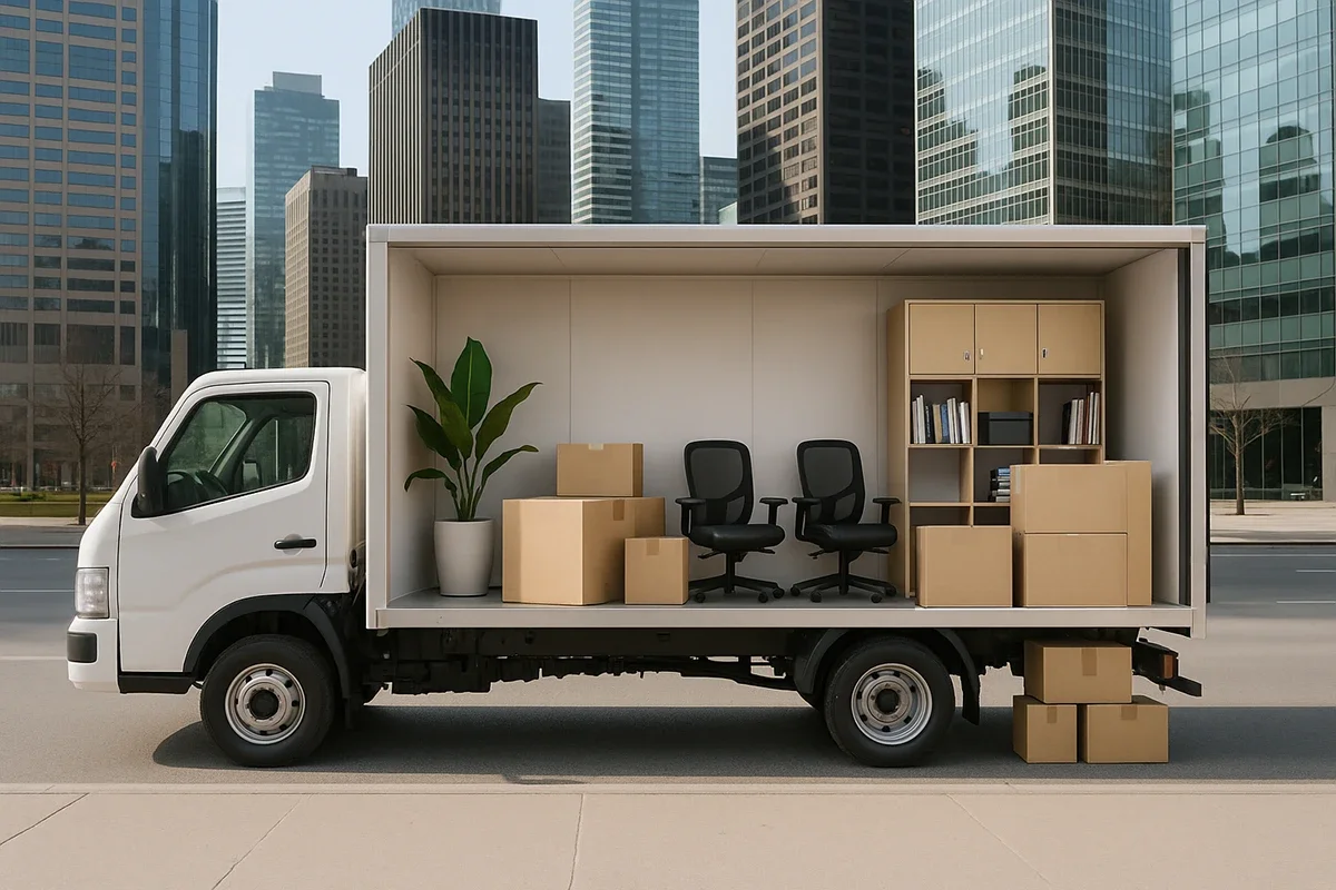 Commercial moving truck loaded with office furniture and boxes on a Toronto street.