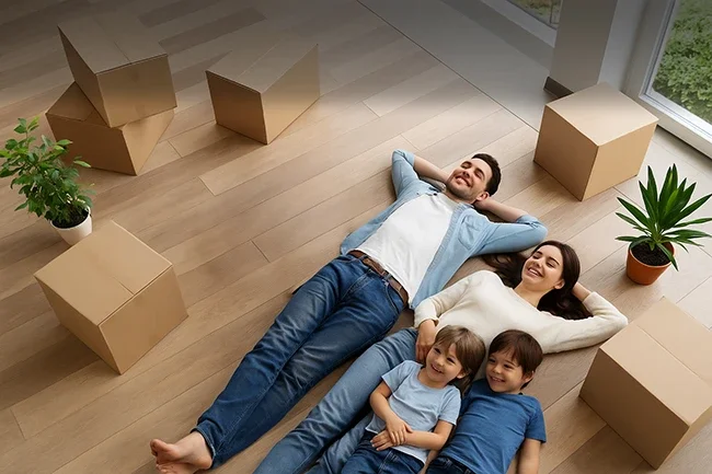 A happy family with two children relaxes on the floor of their new home, surrounded by cardboard boxes and houseplants near a bright window—capturing a peaceful moment during a residential move.