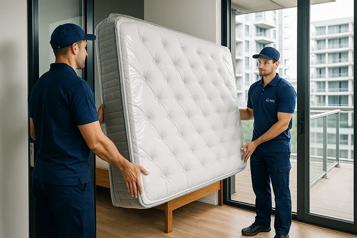 Professional mattress delivery team bringing a queen mattress into a modern condo unit in the GTA.