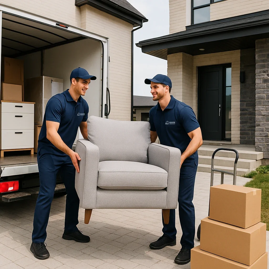 New House Moving delivery team carrying a large armchair from the truck to a customer’s home.