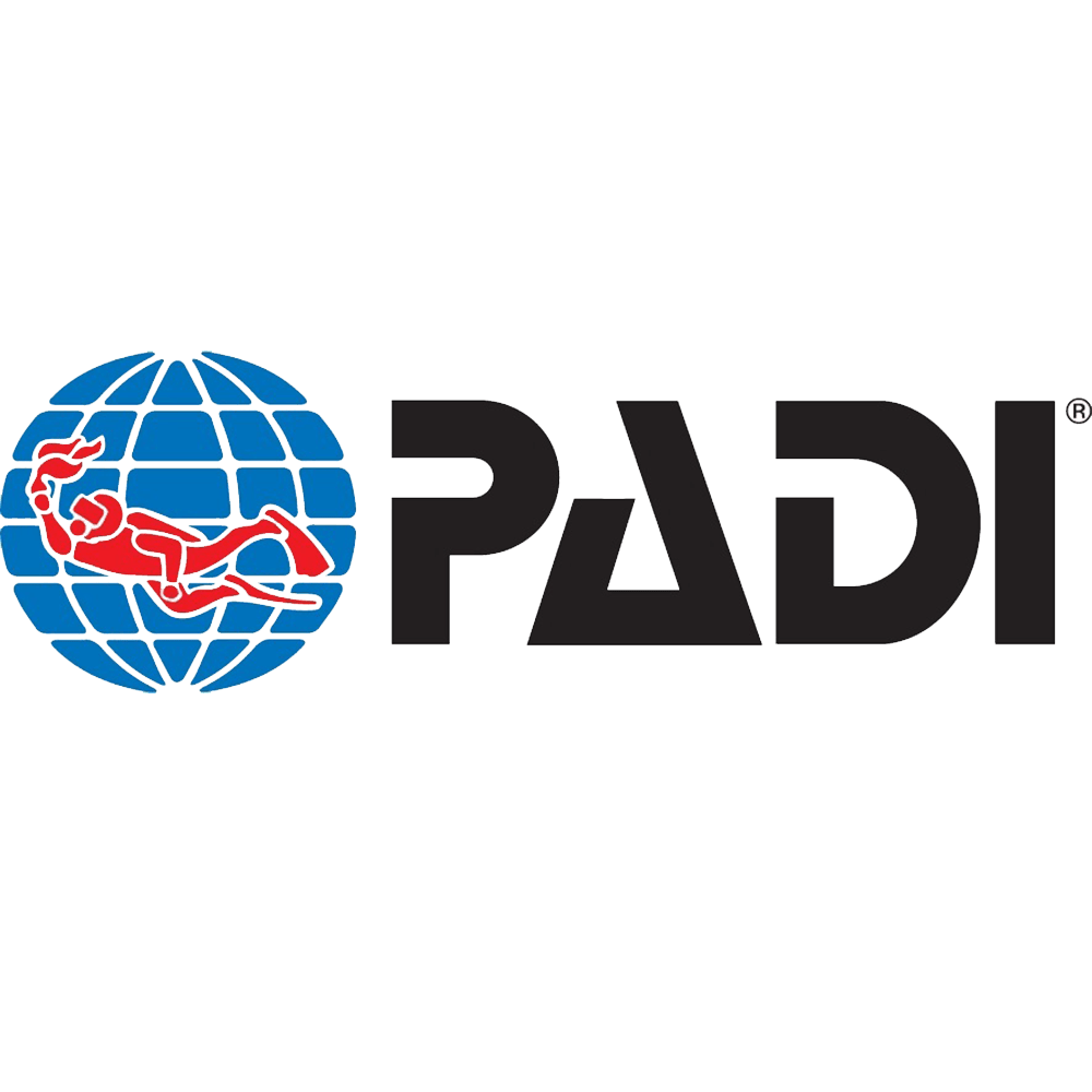 PADI logo featuring a globe with a scuba diver, and the text PADI in bold black letters.