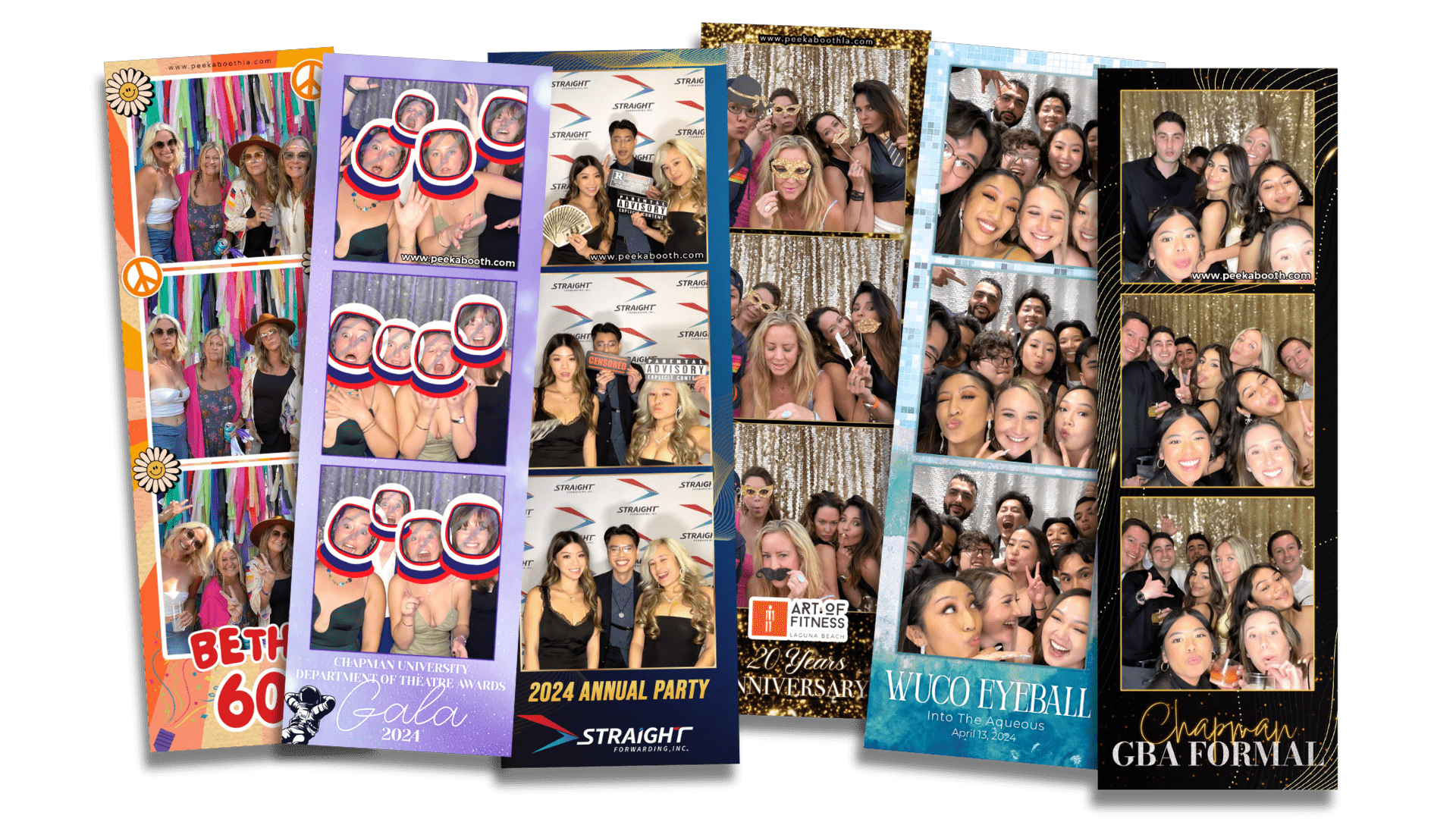 A collection of group photo booth strips from various events with people posing and having fun, including birthday, university awards, annual party, anniversary, and formal events.