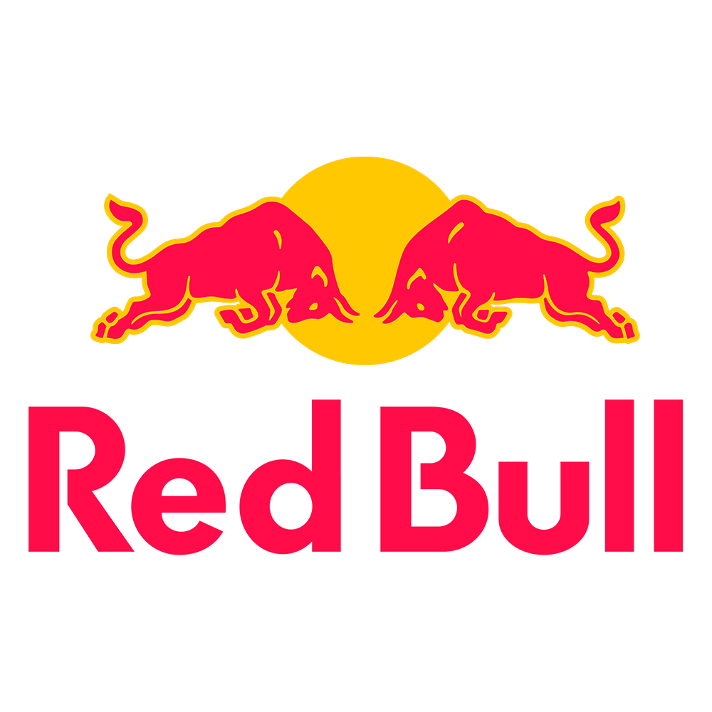 Red Bull logo featuring two red bulls charging towards each other with a yellow circle in the background and the words 'Red Bull' in bold pink font at the bottom.