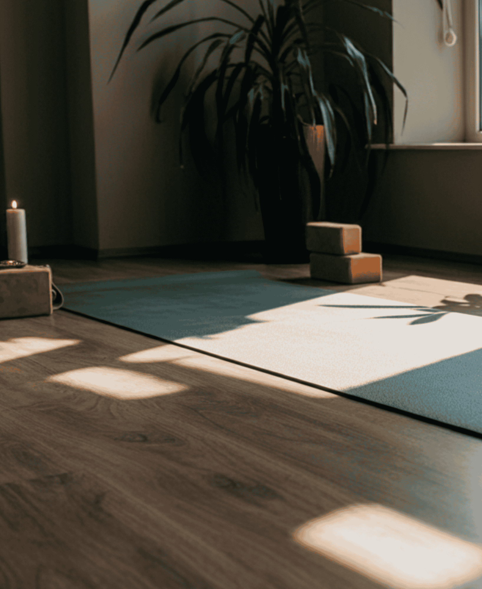 A yoga or meditation space with a yoga mat, yoga blocks, a lit candle, and a large potted plant near a window with sunlight casting patterned shadows on the wooden floor.