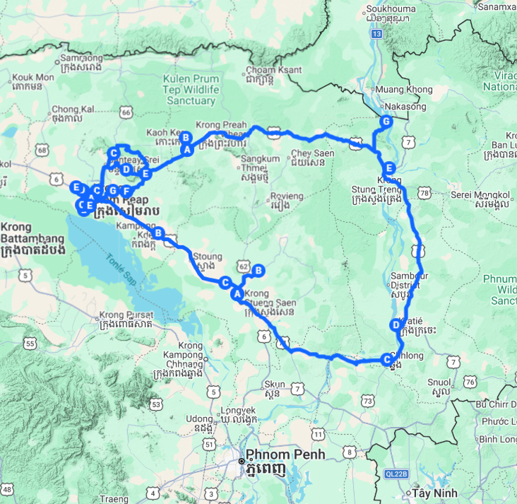 View of a map showing a route from Siem Reap to the Mekong in cambodia and up to Stung Treng