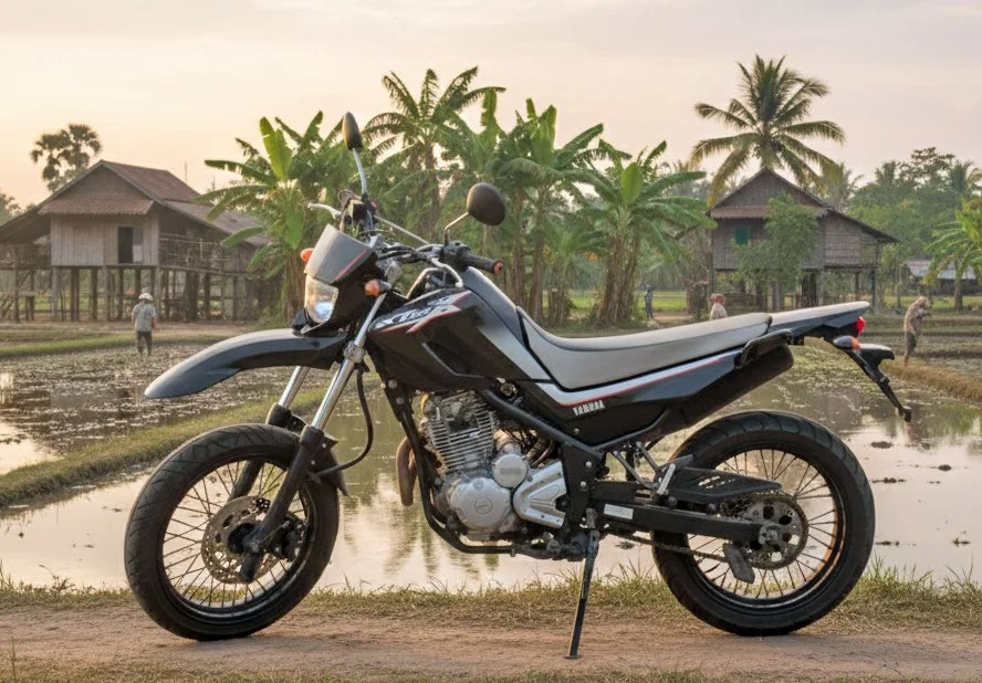 Black Yamaha XT250X motorbike in front of a rice field and Cambodian village