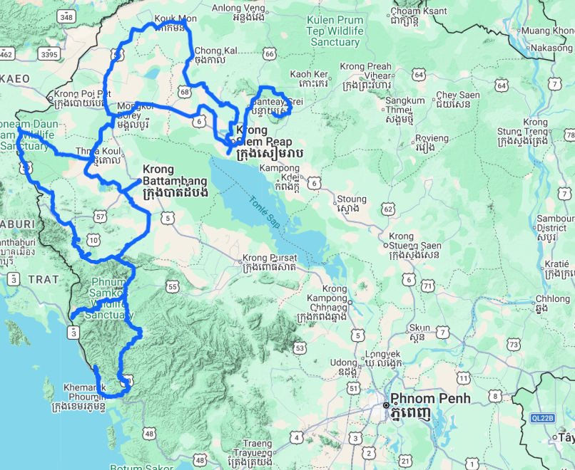 View of a map route of Cambodia for a 10 day motorbike trip