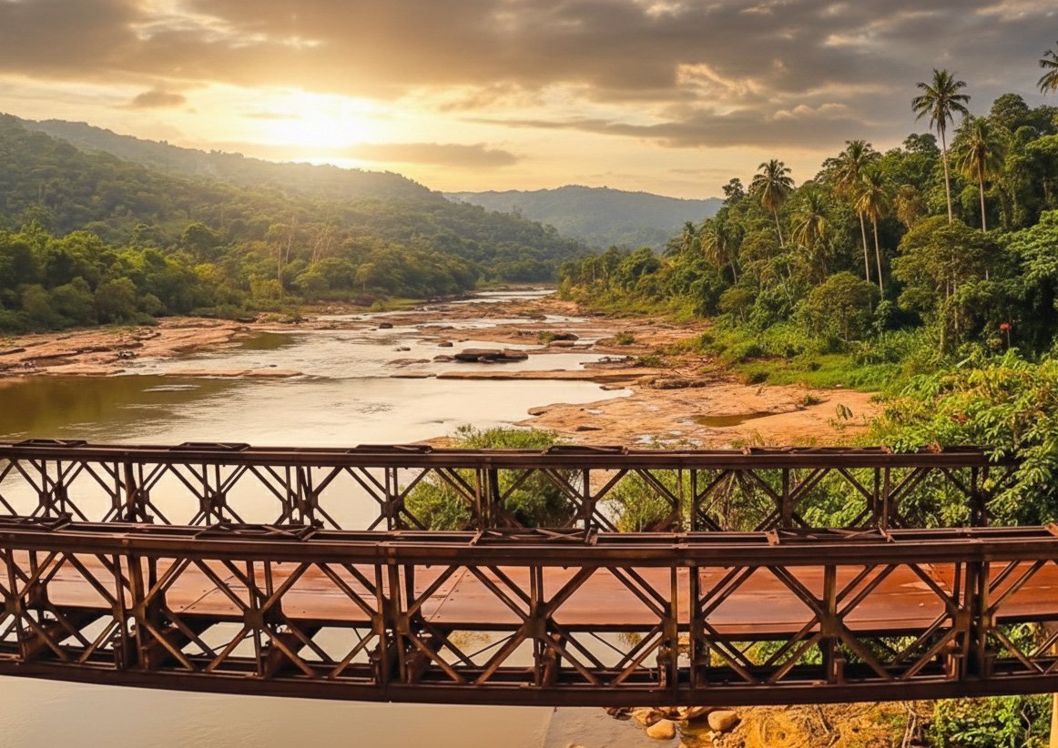 Old steel bridge over the Cardamoms river view from the road number 10 in Cambodia at dawn