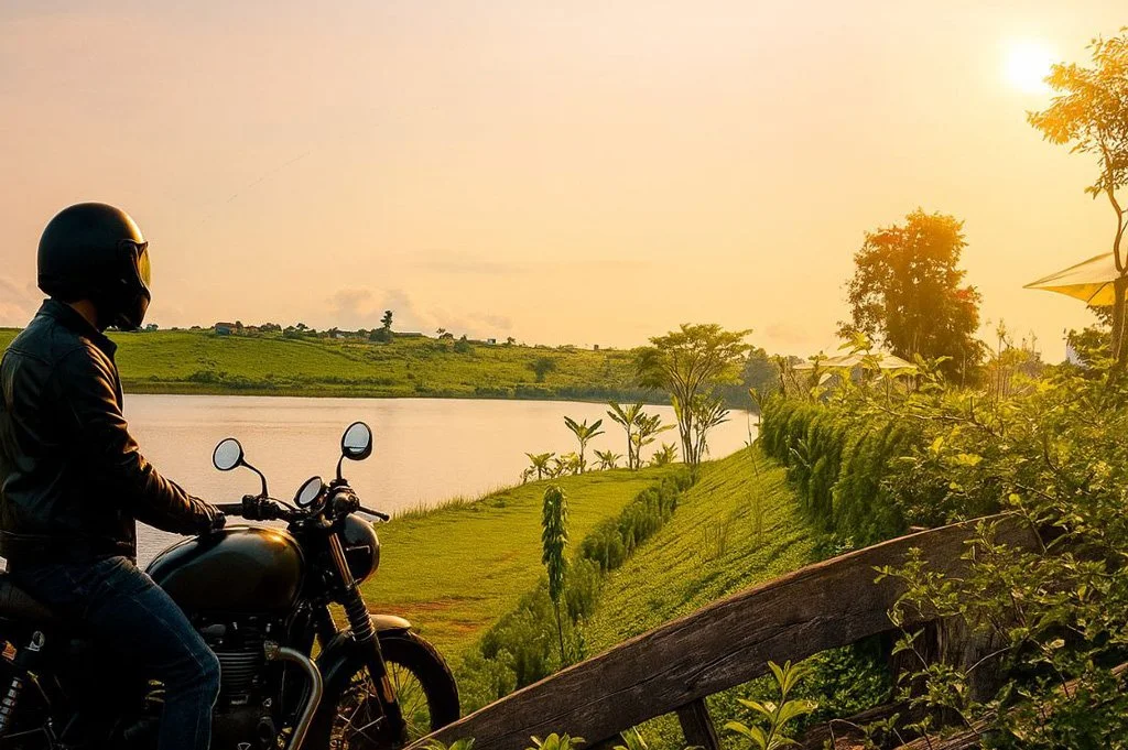 Motorbike by the lake at dawn in Osoam in the Cardamom mountains in Cambodia.