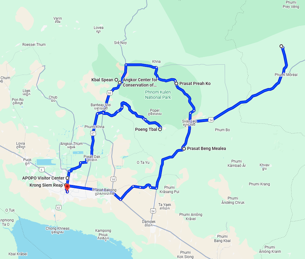 View of a Google map screenshot of a loop North of Siem Reap