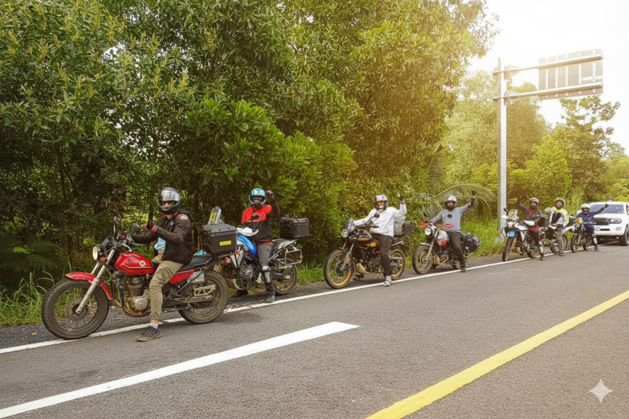 Group of motorbike riders posing for a photo on the side of a paved Cambodian road