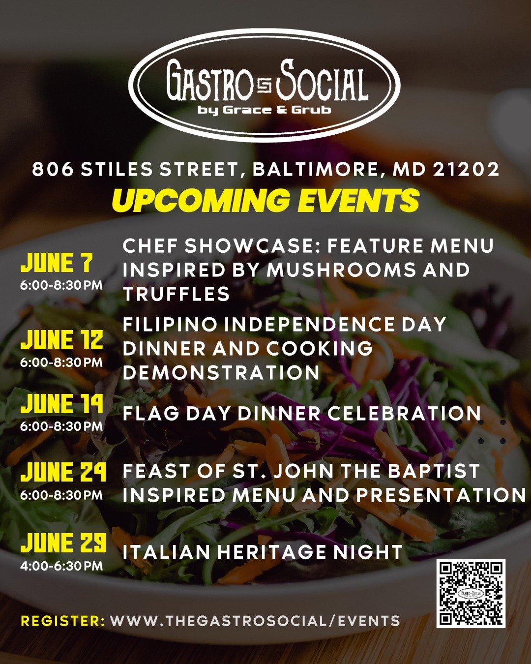 Join us at Gastro Social (806 Stiles St, Baltimore) for a month of themed dinners, chef showcases, and cultural celebrations you won't want to miss.

🍽️ Upcoming Highlights:
🗓️ June 7 &ndash; Chef Showcase: Mushrooms &amp; Truffles
🗓️ June 12 &nda