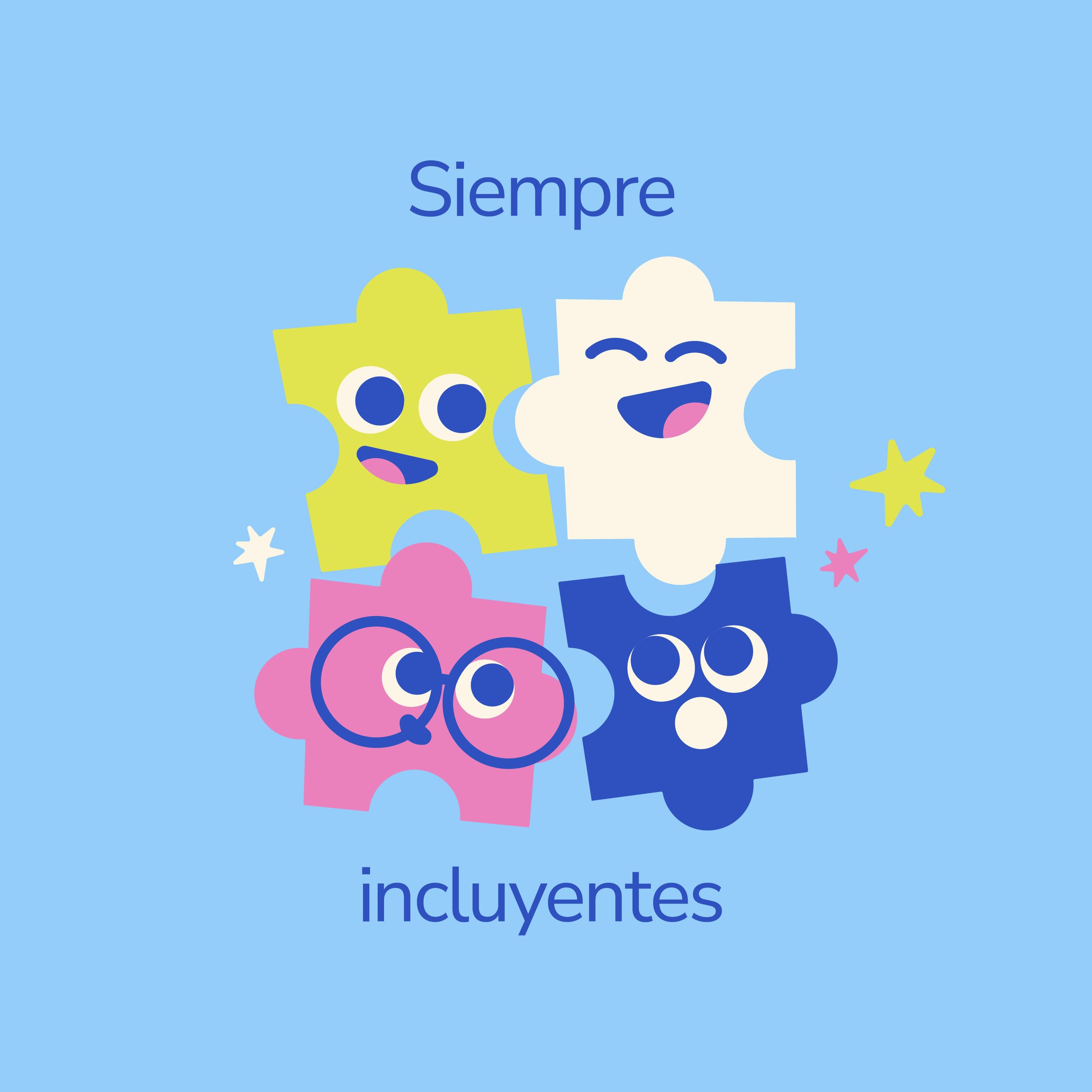 Cartoon characters with happy expressions, including one yellow and one white, surrounded by colorful stars and circles, with the words 'Siempre incluyentes' in blue text on a light blue background. Tedi vanguardia en sindrome de down