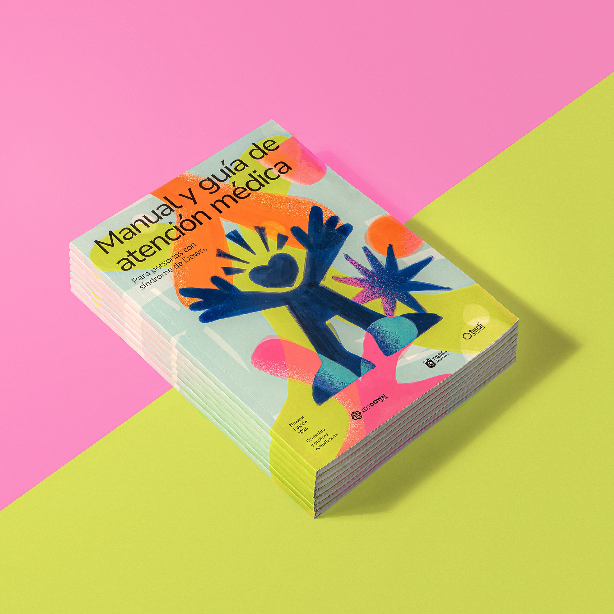 A colorful booklet titled 'Manual y guía de atención médica' is resting on a pink and green background. The cover features vibrant, abstract floral artwork with blue, orange, yellow, and pink shades. Tedi vanguardia en sindrome de down