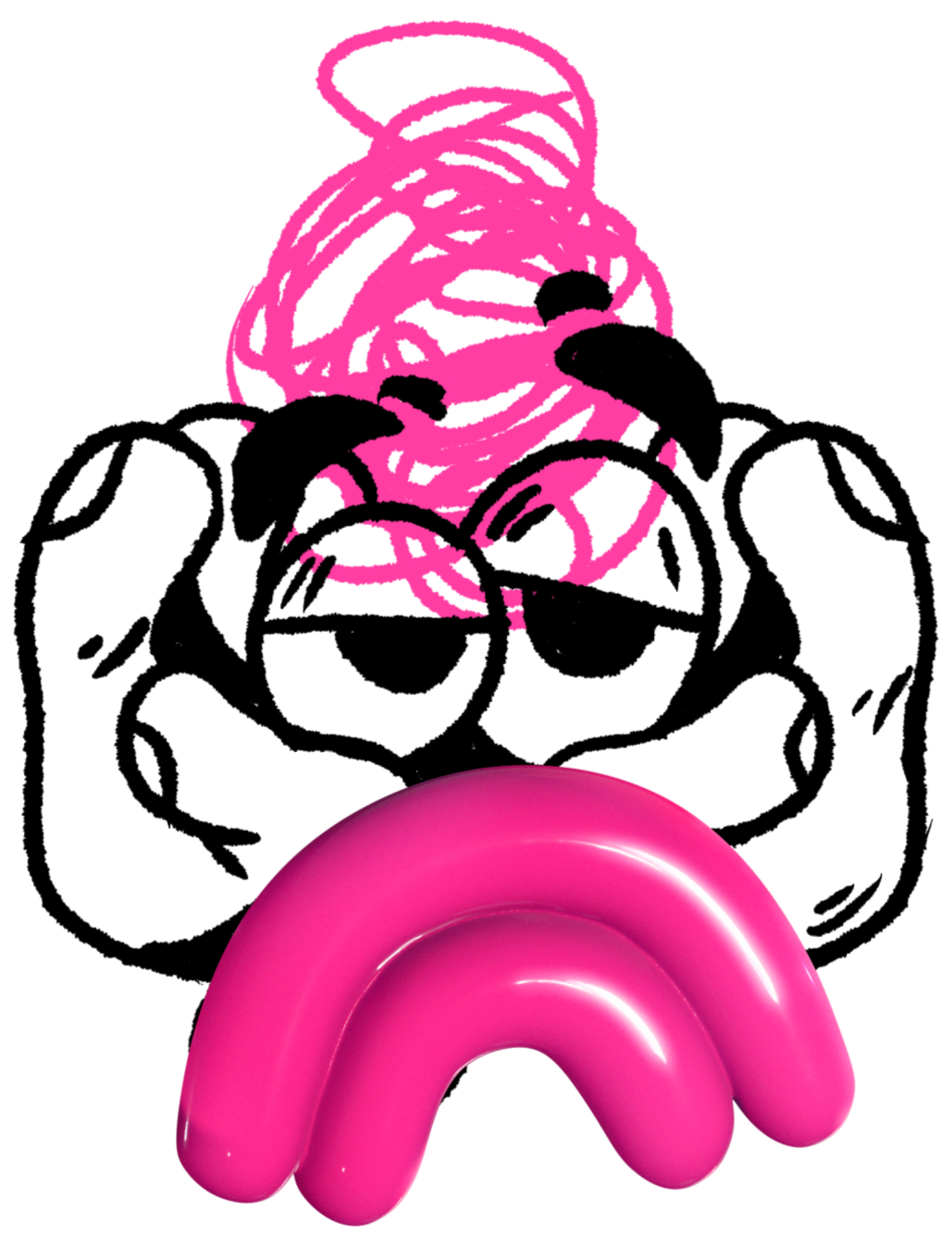 Ilustración de una cabeza de perro, hecha con líneas rosadas sobre fondo negro, y una figura en forma de arco rosada debajo.