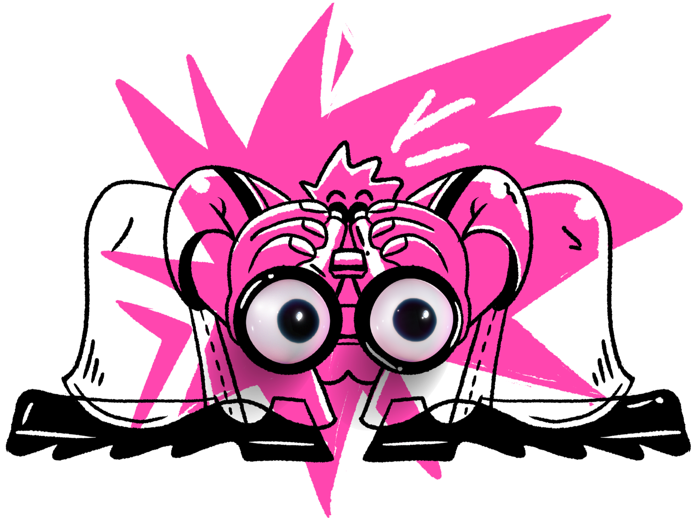 Dibujo de un personaje con ojos grandes, gafas y cabello rosa con forma de picos, rodeado de un fondo en forma de estrella rosa.