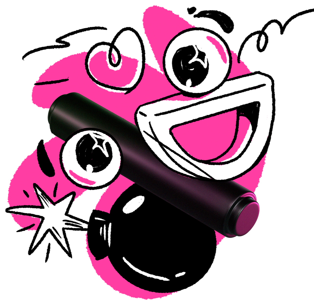 Ilustración de un personaje cartoon rosa con ojos grandes y expresión feliz, sosteniendo un tubo negro, con expresión alegre.