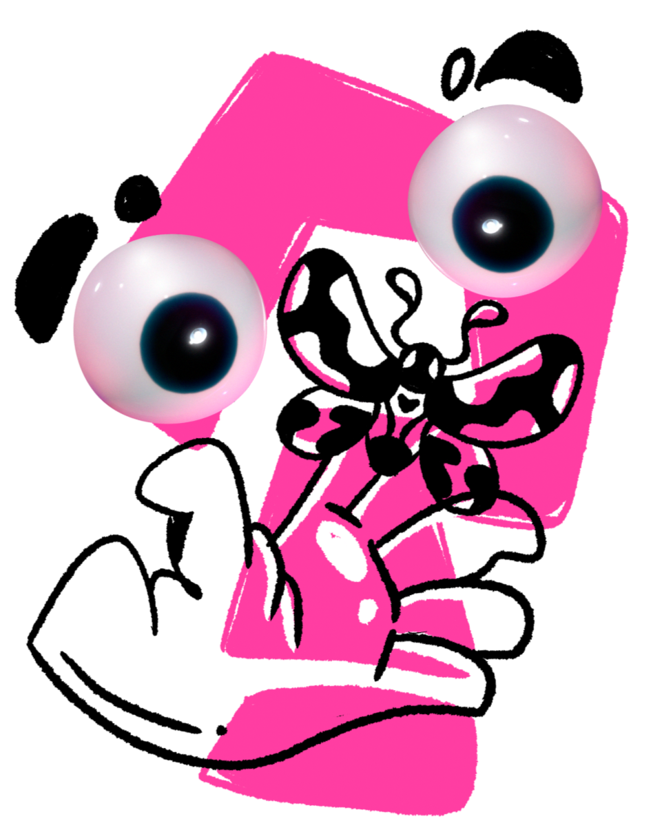 Dibujo de un personaje con cuerpo rosa, ojos grandes extraíbles y expresión divertida.