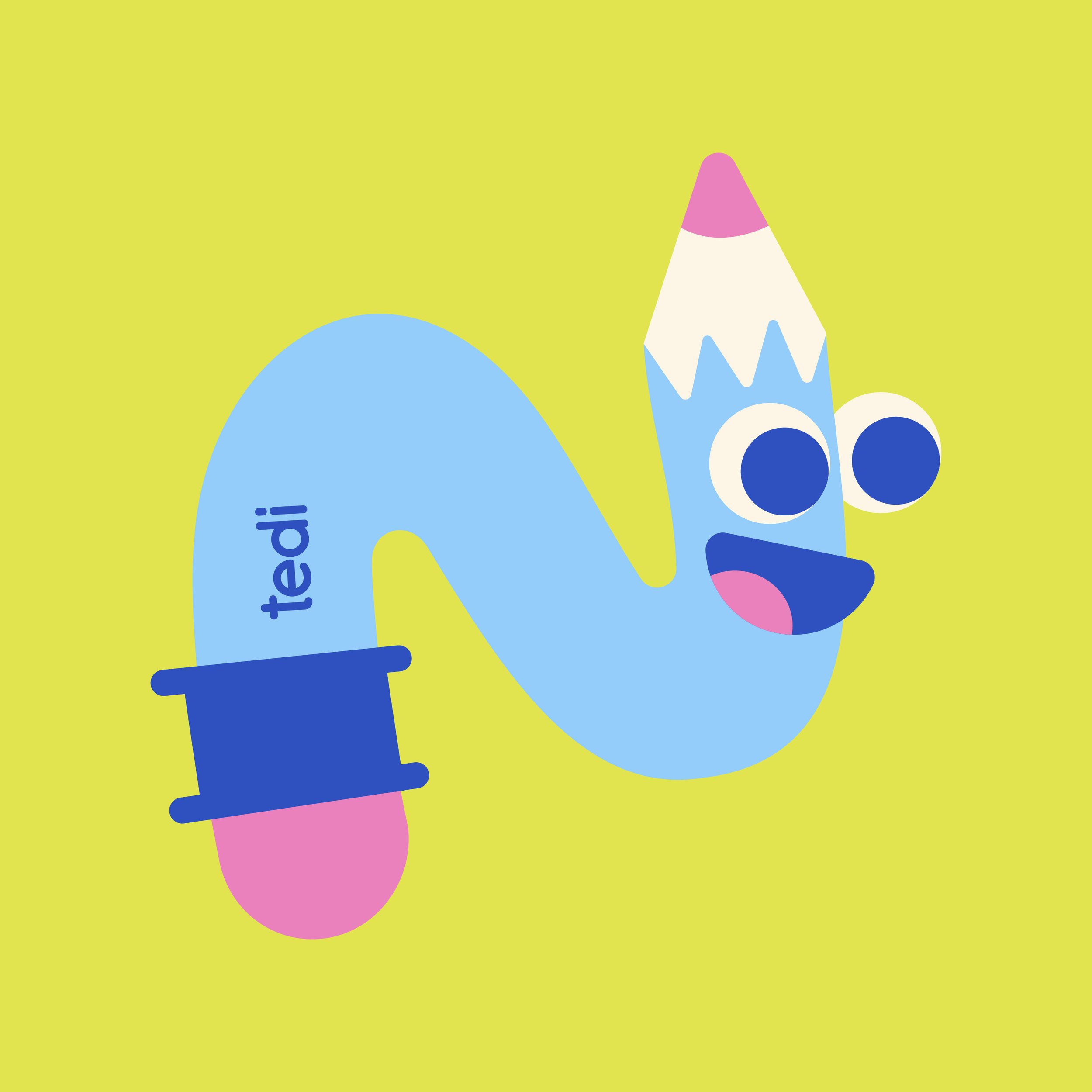 A colorful illustration featuring a blue pencil with pink and white accents, and a yellow background. Tedi vanguardia en sindrome de down