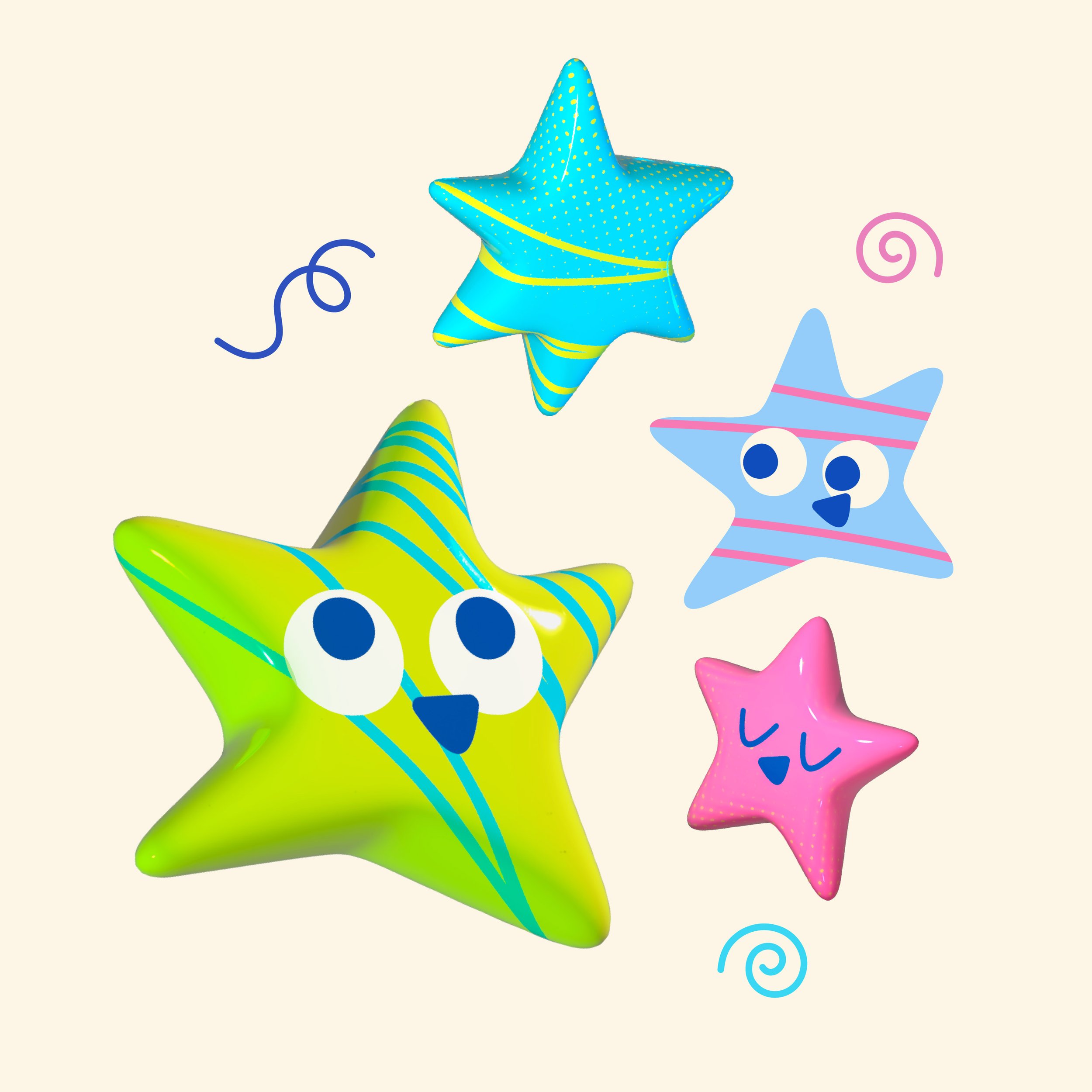 Colorful star-shaped balloons with face designs, decorated with patterns and surrounded by whimsical lines on a light background. Tedi vanguardia en sindrome de down