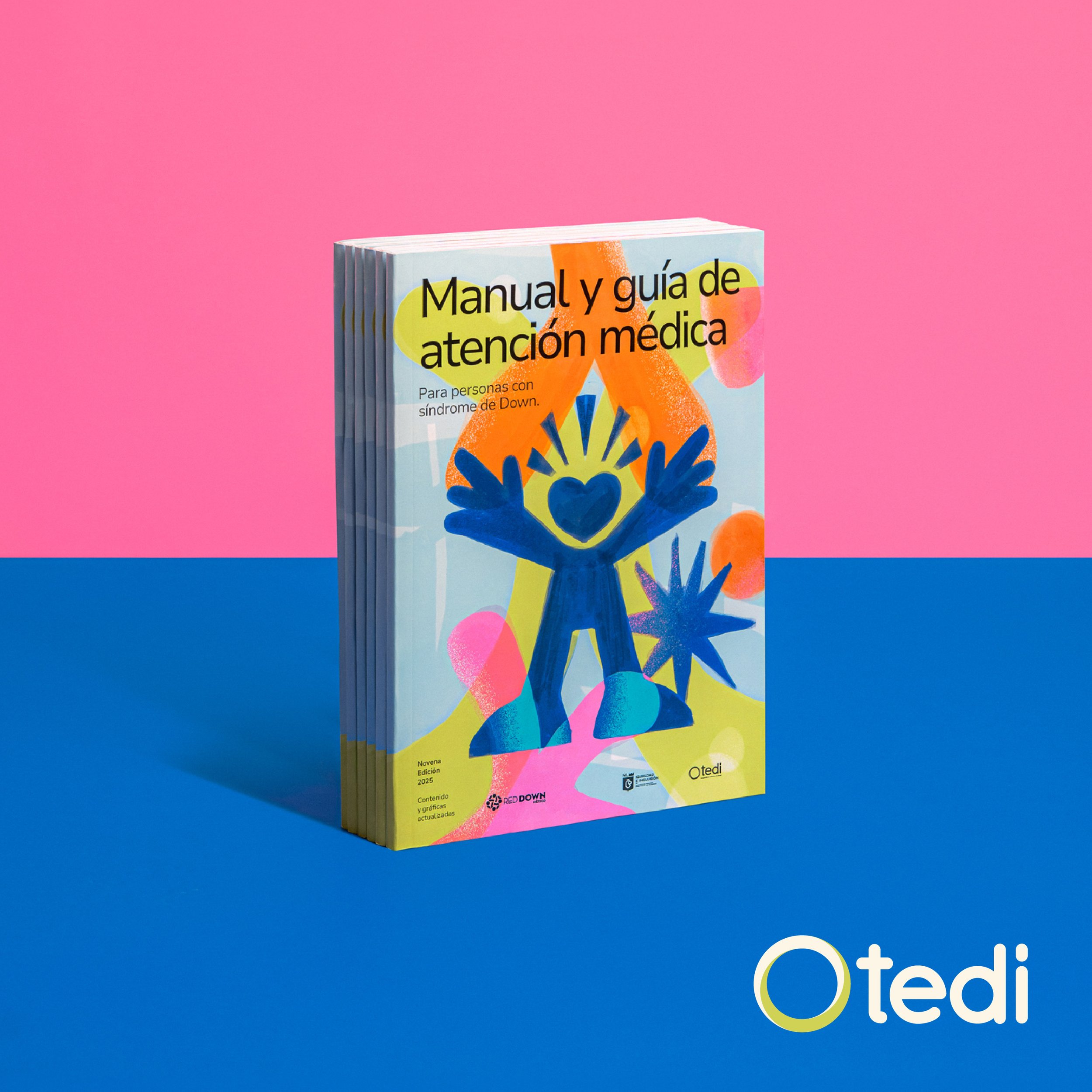 Cover of a blue book titled "Manual y guía de atención médica" with colorful abstract illustrations of a person and various shapes against a pink background. Tedi vanguardia en sindrome de down