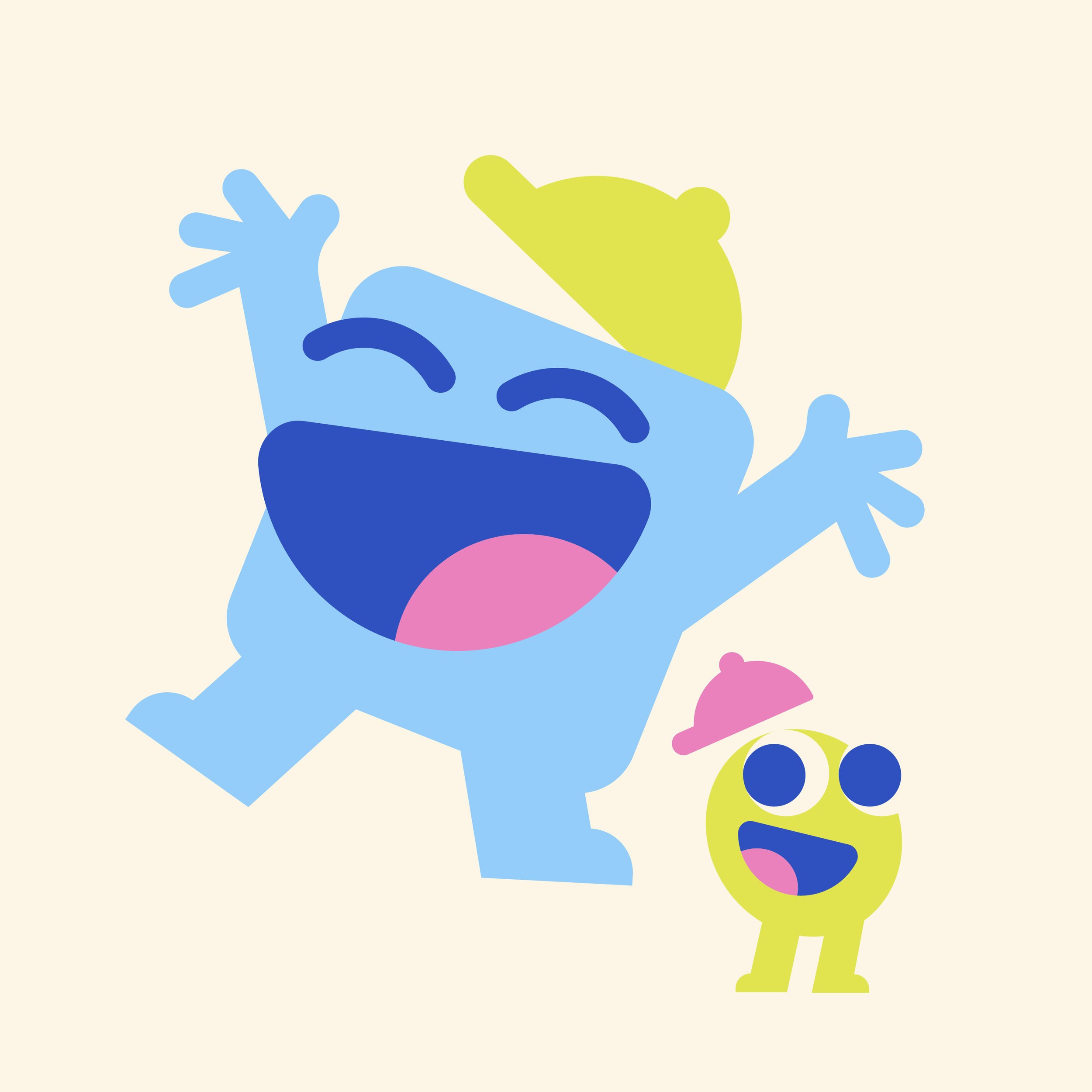 A colorful abstract illustration of a playful creature with a yellow head, blue body, and pink accents, featuring rounded shapes and playful forms. Tedi vanguardia en sindrome de down