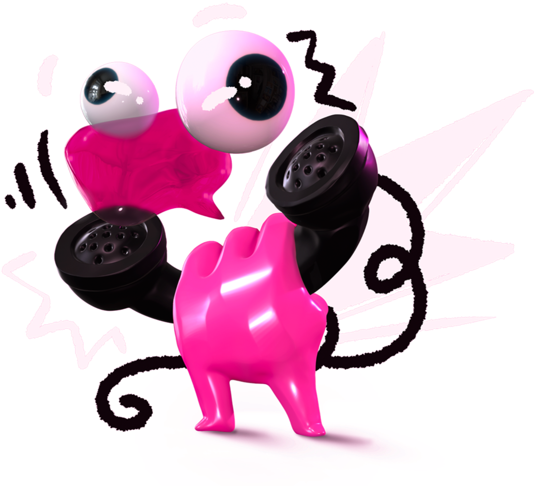Dibujo digital de un personaje rosa con cuerpo en forma de perro con ojos grandes y zapatillas negras, en un fondo con líneas y formas abstractas en tonos rosados y negros.