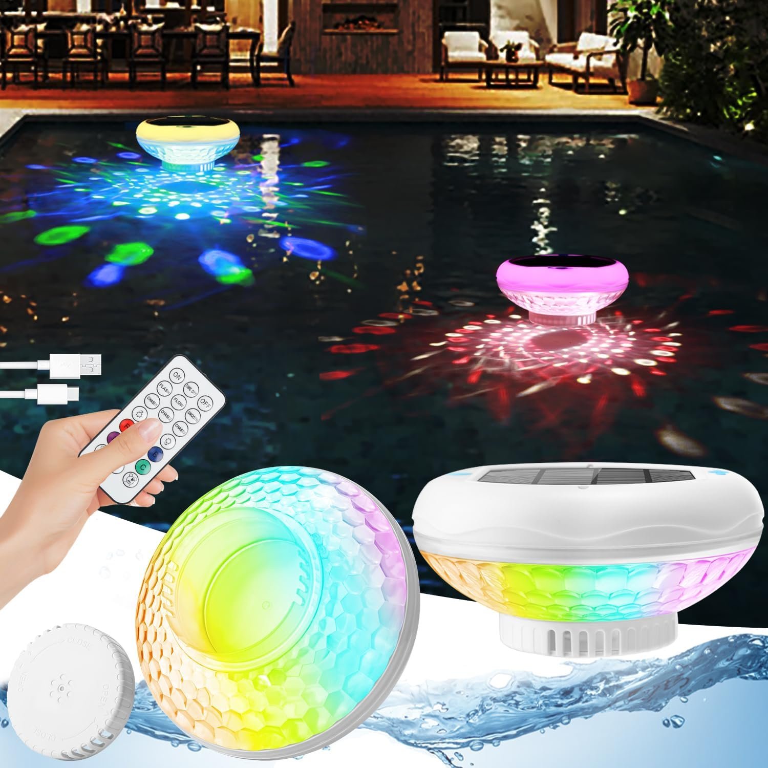 2-PACK: Floating Pool Lights, Solar Pool Chlorine Floater with USB Charging (Pickup Only)