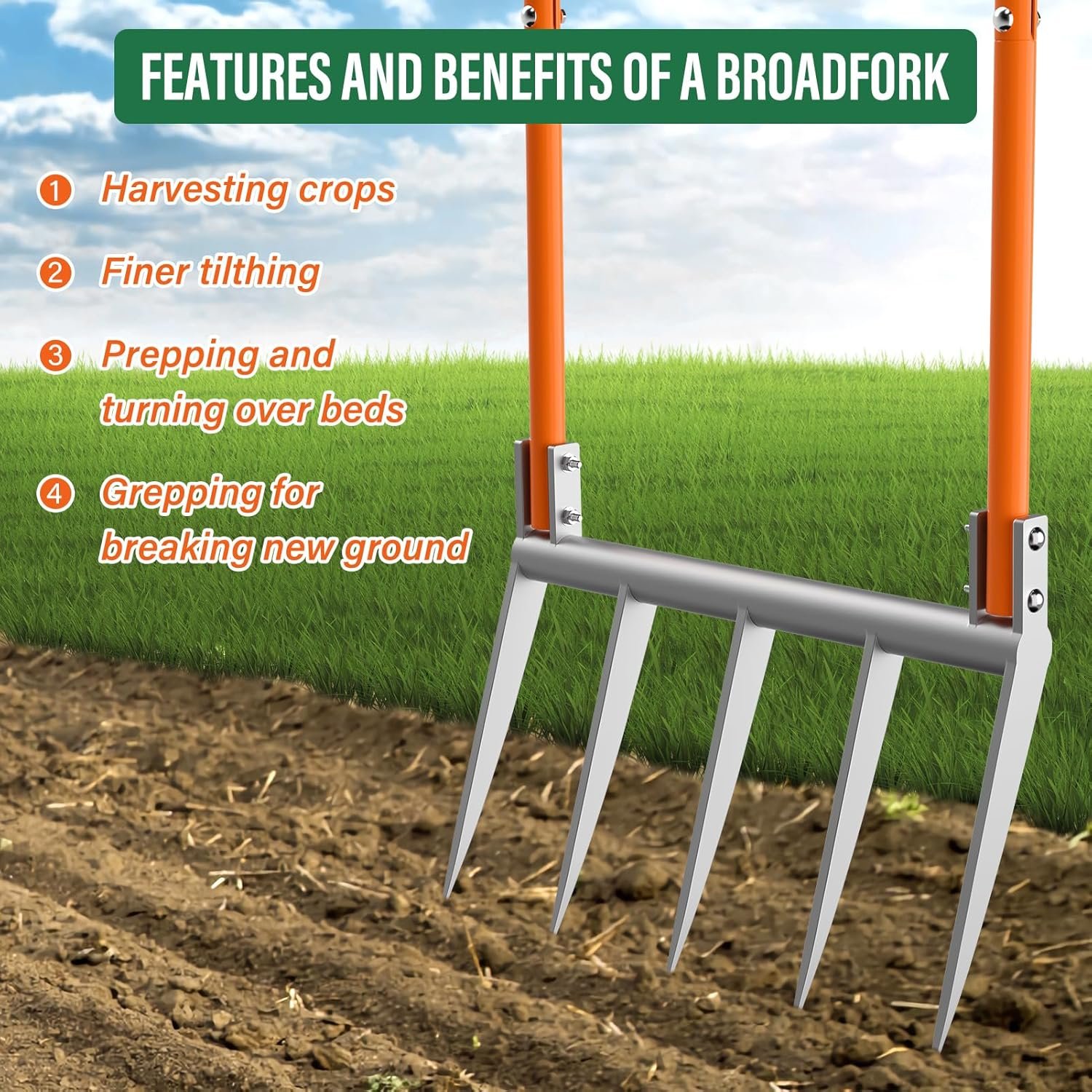Broadfork 5-Tine Broad Fork for Gardening Ergonomic U-Shaped Design Heavy Duty (Pickup Only)