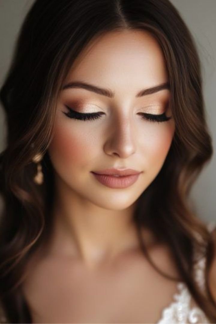 Close-up of a woman with styled brown hair, wearing makeup with gold eyeshadow, black eyeliner, and nude lipstick, with closed eyes and a serene expression.