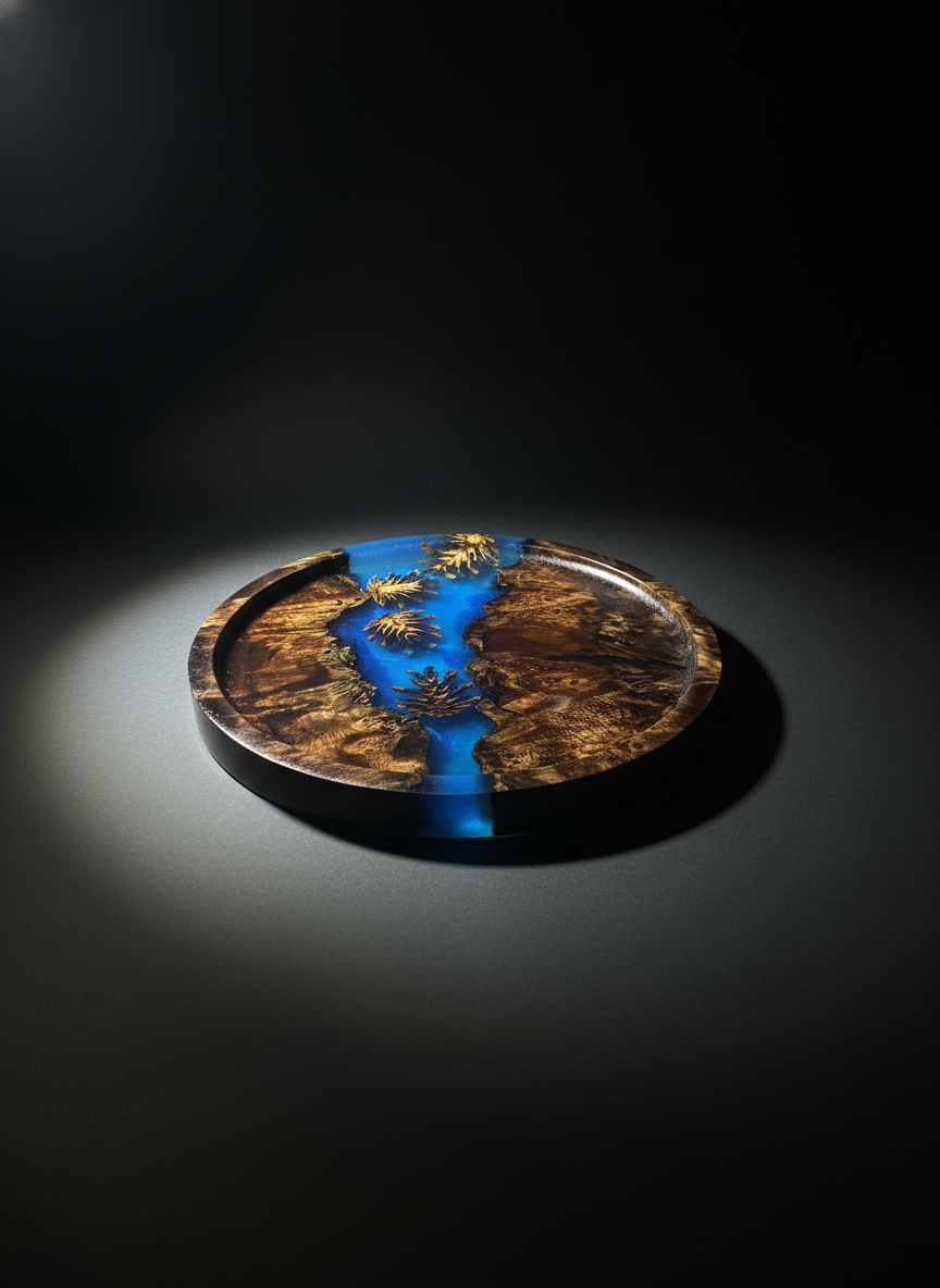 12" Black Walnut Burl Platter with Pine Cone Resin Inlay