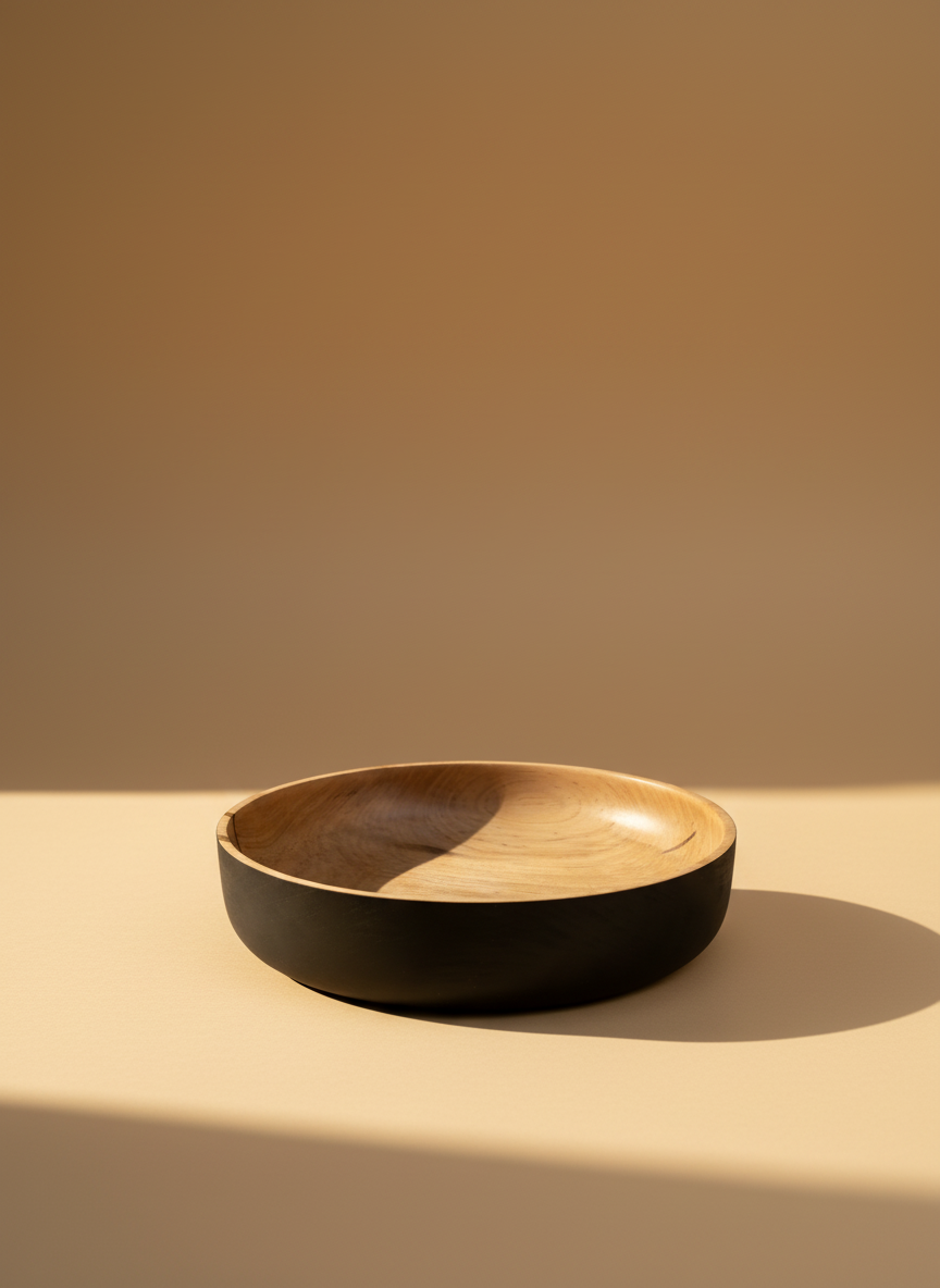 Empty wooden bowl with a black exterior on a white surface, casting a shadow.