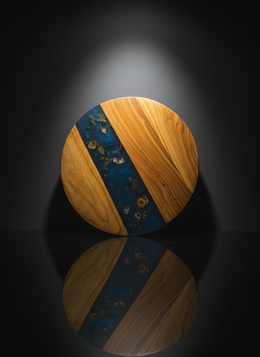 Round wooden object with a blue resin inlay containing embedded natural elements, displayed against a dark background with reflection.