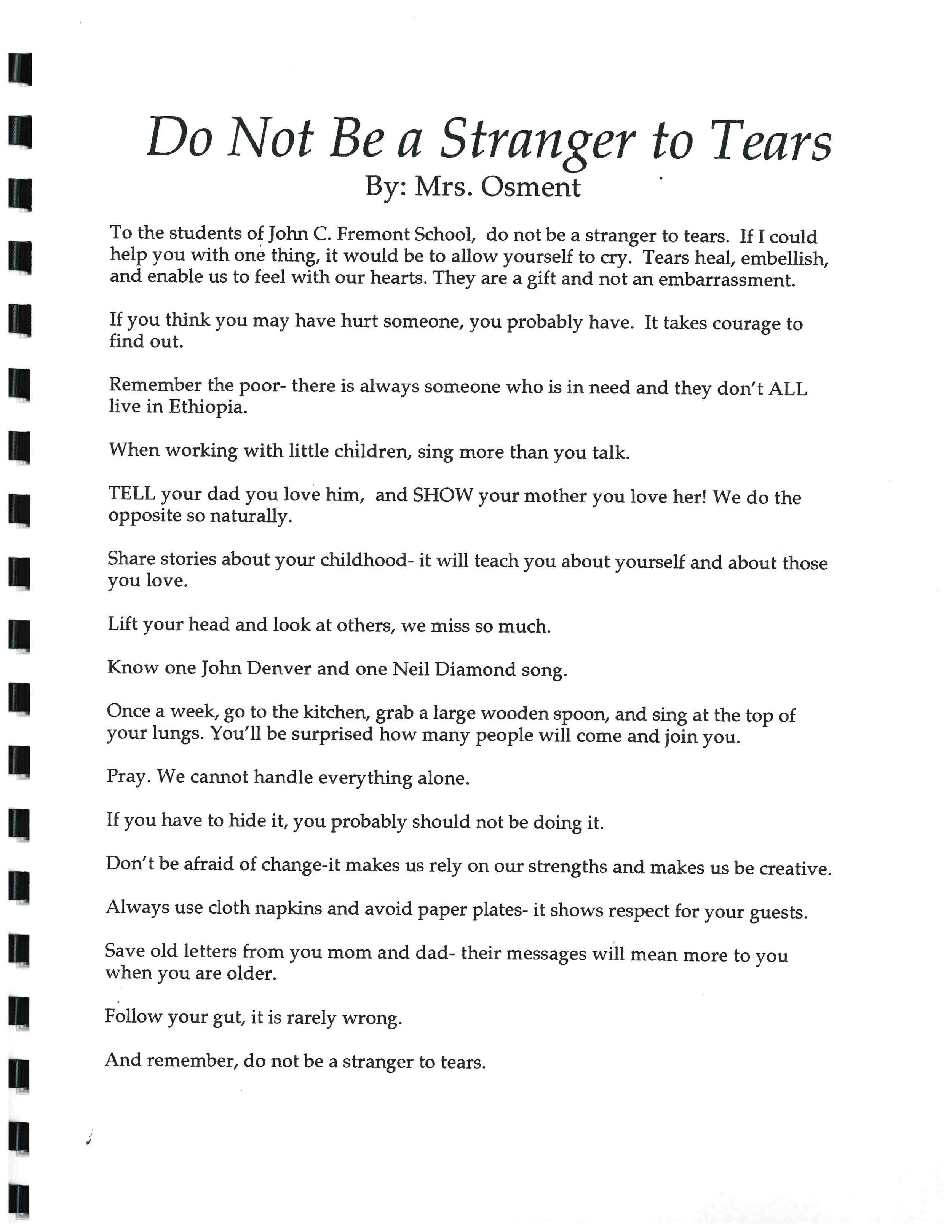 Excerpt from Words of Wisdom Book, circa 2000, written by Mrs. Osmet (still teaching at Fremont!!); courtesy of Tyler Longpre.