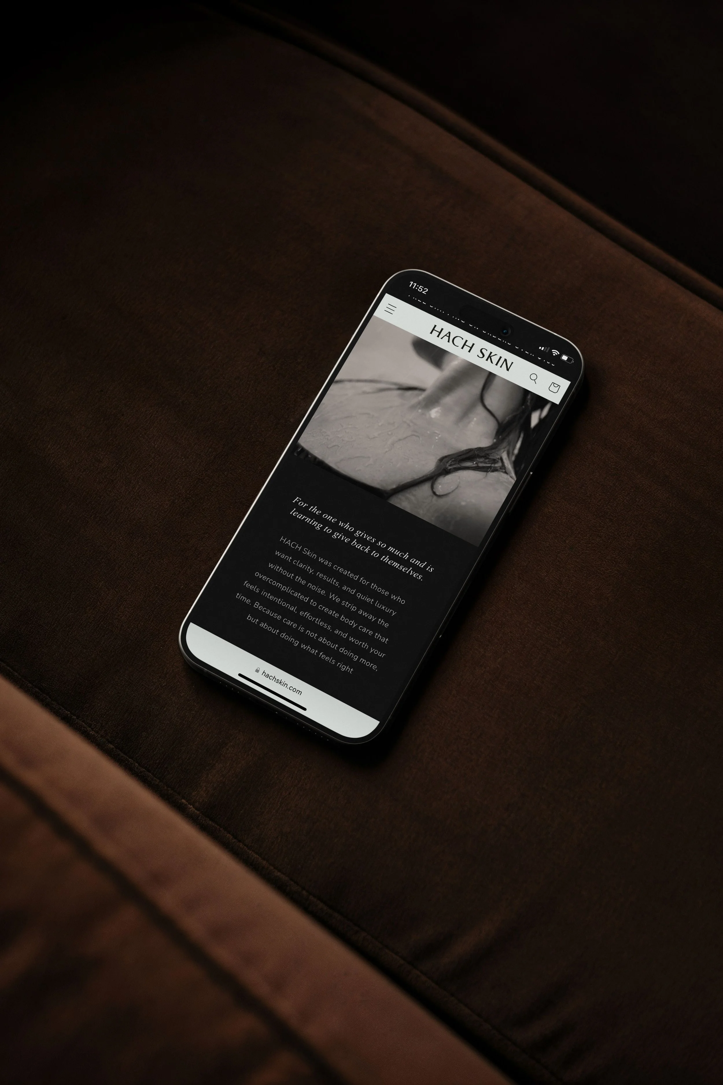 Smartphone displaying the HACH SKIN website designed by Failte Studio. Providing professional Squarespace and Shopify website design services Australia-wide and worldwide.