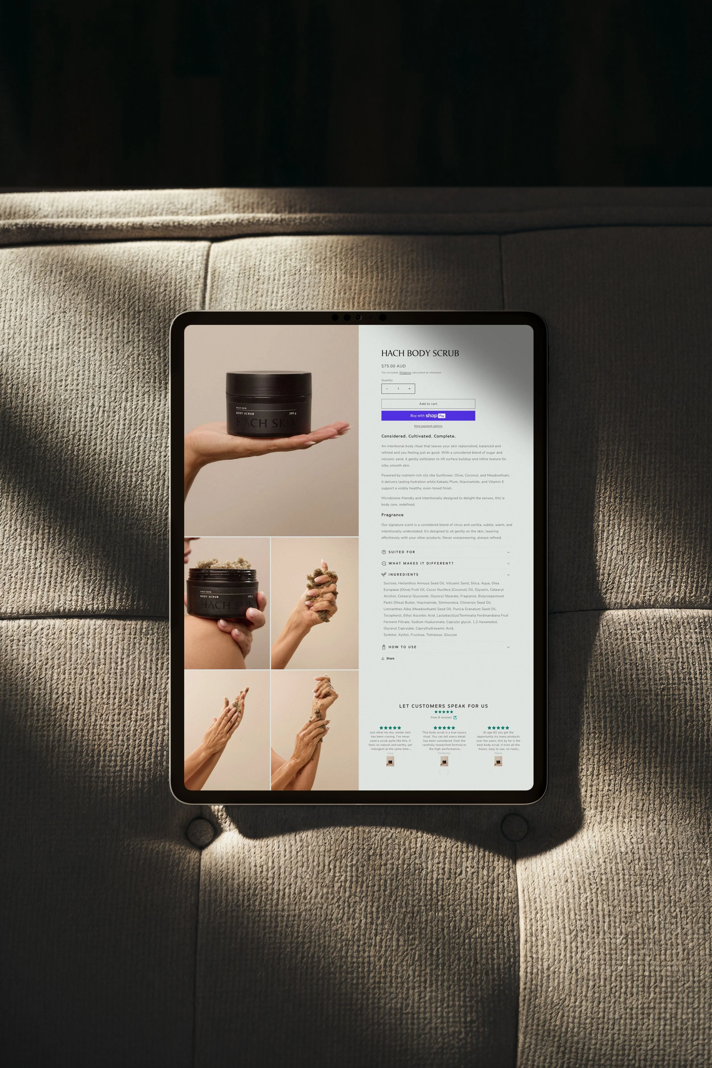 Tablet displaying an eCommerce product page for Hach Body Scrub, designed by Failte Studio. Expert in Shopify and Squarespace website design for online stores across Australia and worldwide.