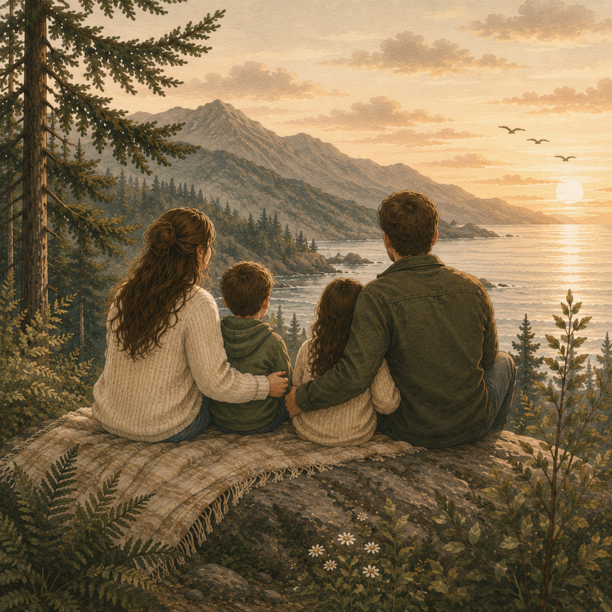 Illustration of a family of four sitting on a rock at the beach, facing the ocean and enjoying the scenery. Represents that our practice offers family therapy.