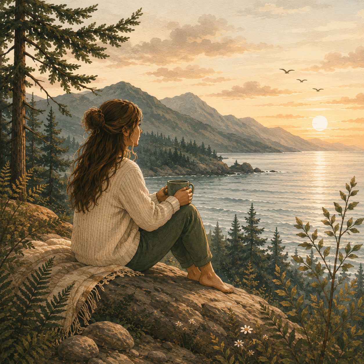 A woman sitting cross-legged on a rock at the beach, eyes closed, with seagulls, seashells, and plants around her, gazing at the ocean. Represents that our practice offers individual therapy.