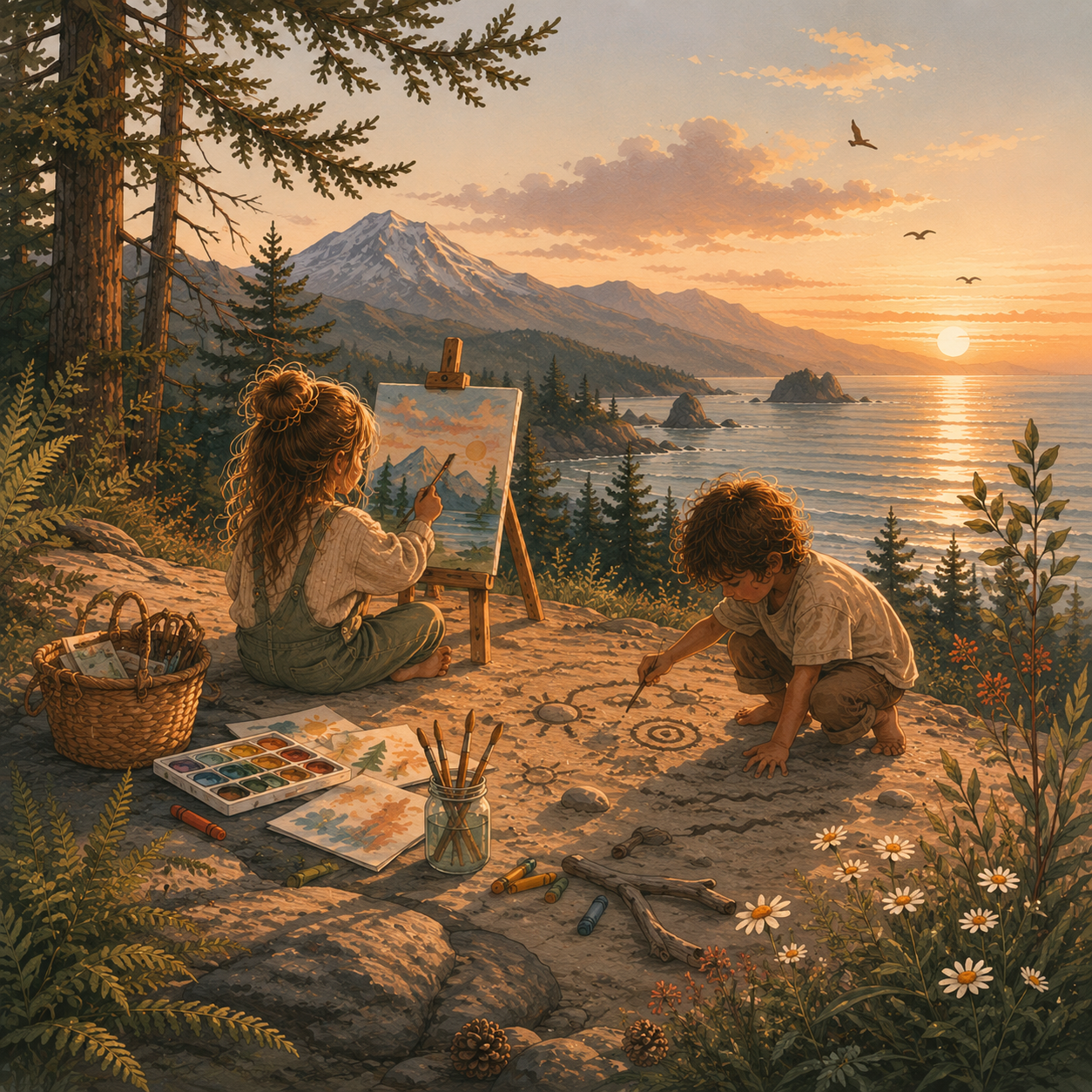 A young child crouching on a beach drawing a sun in the sand with a stick, with the ocean and mountains in the background. Represents expressive therapies such as art therapy.