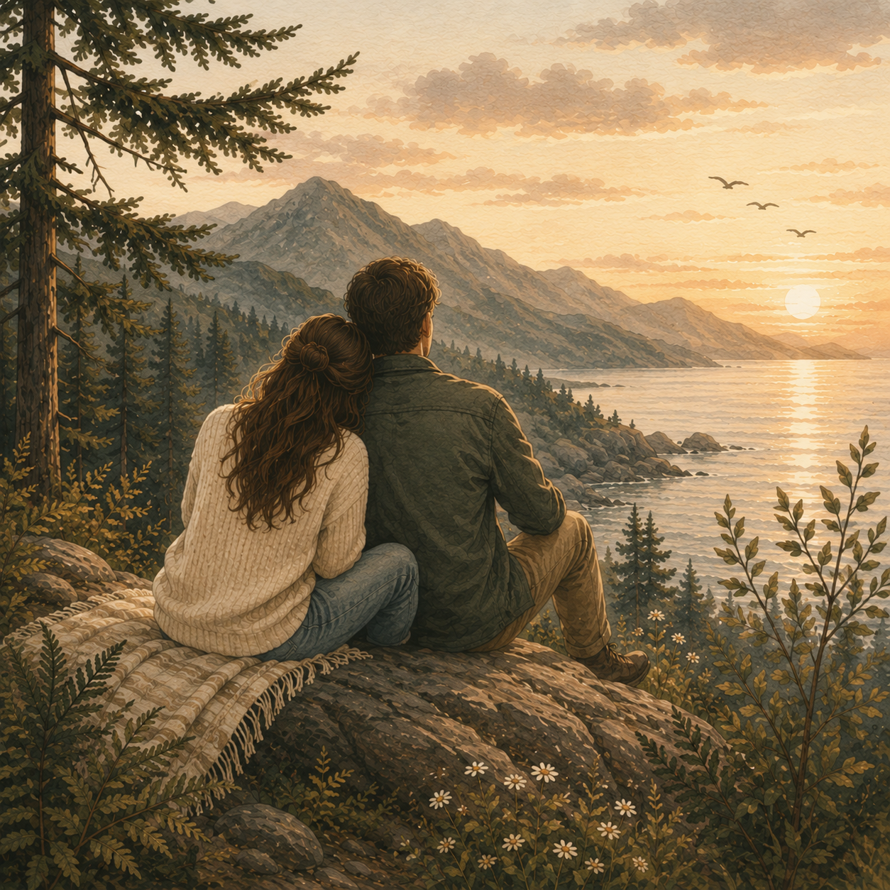 A couple sitting on a large rock at the beach, facing the ocean, with their arms around each other. Represents that our practice offers couples therapy.