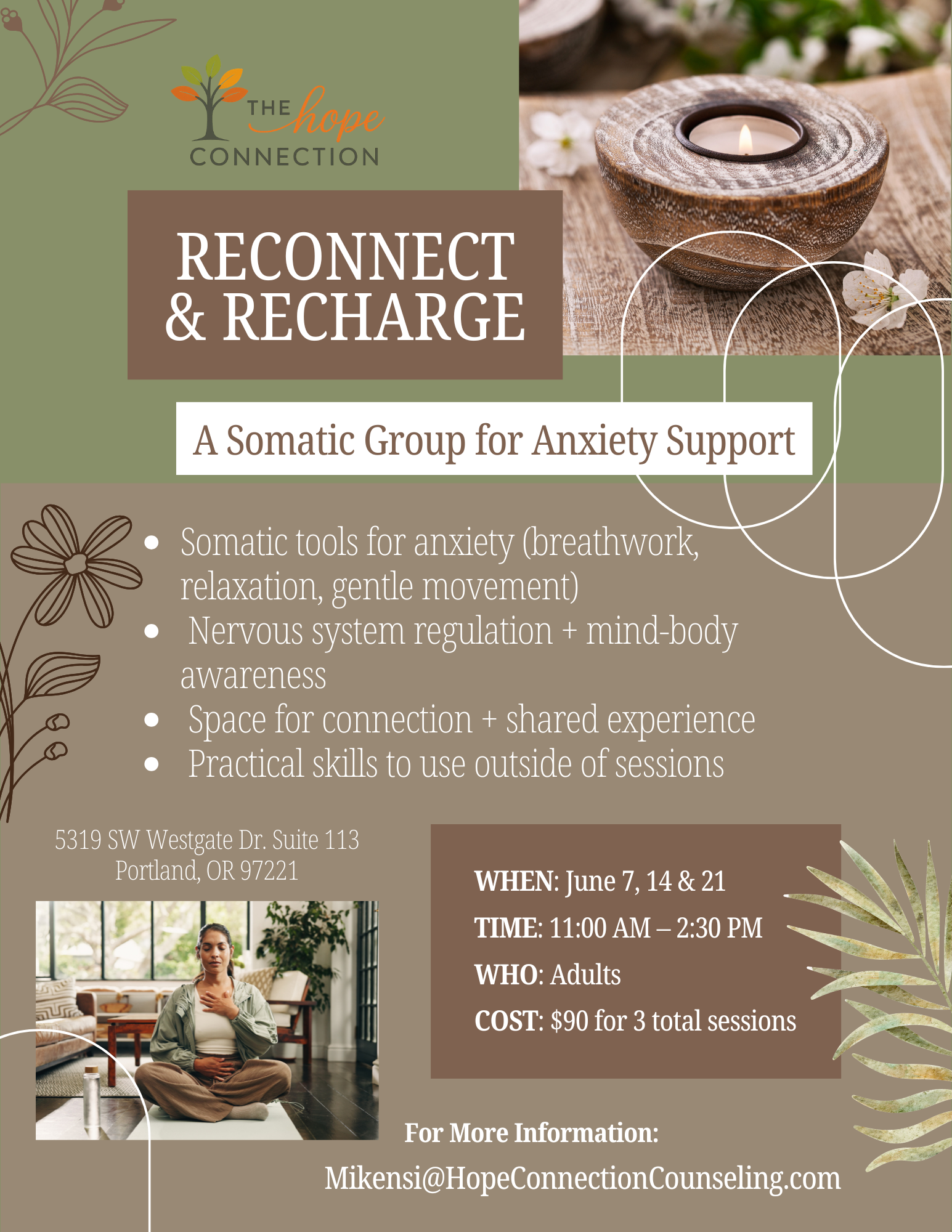Flyer for a support group called The Hope Connection titled 'Reconnect & Recharge', focused on anxiety support for adults. Features a candle in a wooden holder, a woman meditating in a room, and floral illustrations. Details include dates, times, location, and contact information.