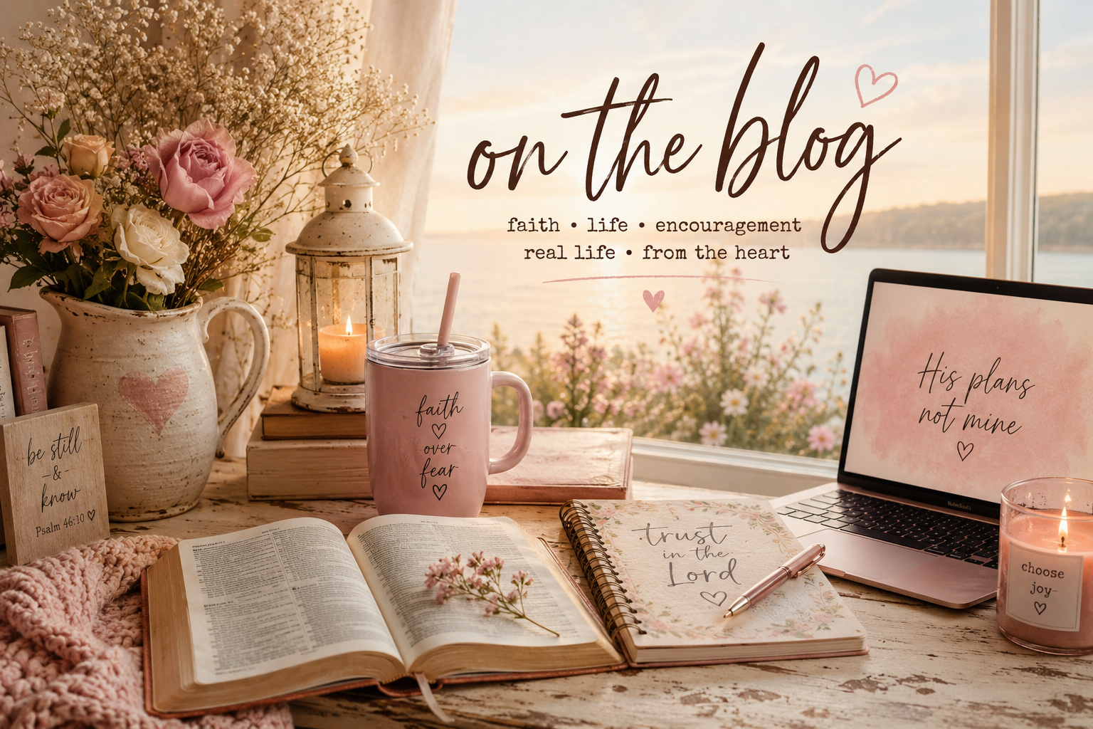 A cozy, floral-themed workspace with a laptop, books, candles, and flowers, set in front of a window overlooking a river or lake at sunset.