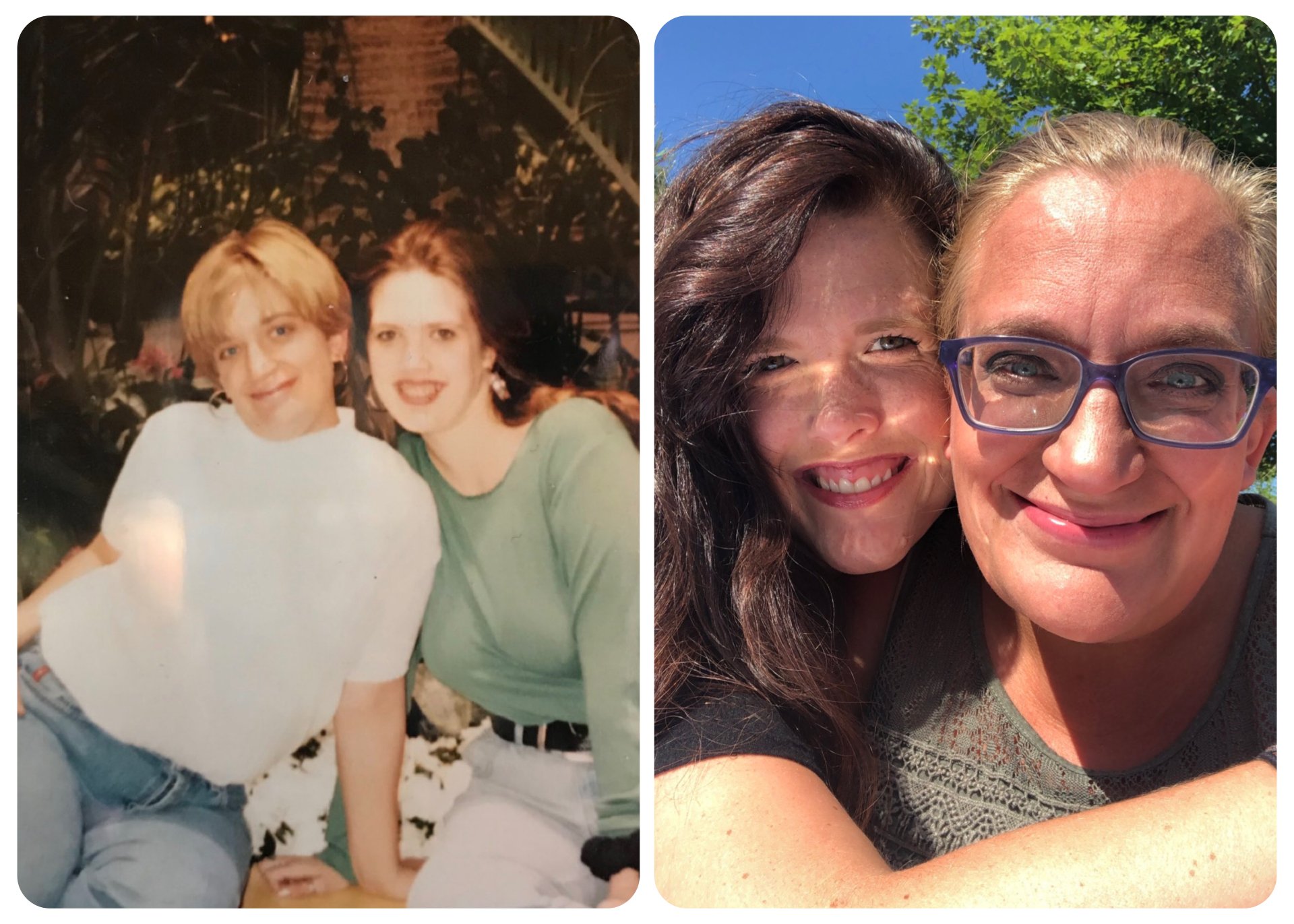 Comparison of two photos showing the same woman at different ages, smiling with a man in the second photo, outdoors with trees in the background.