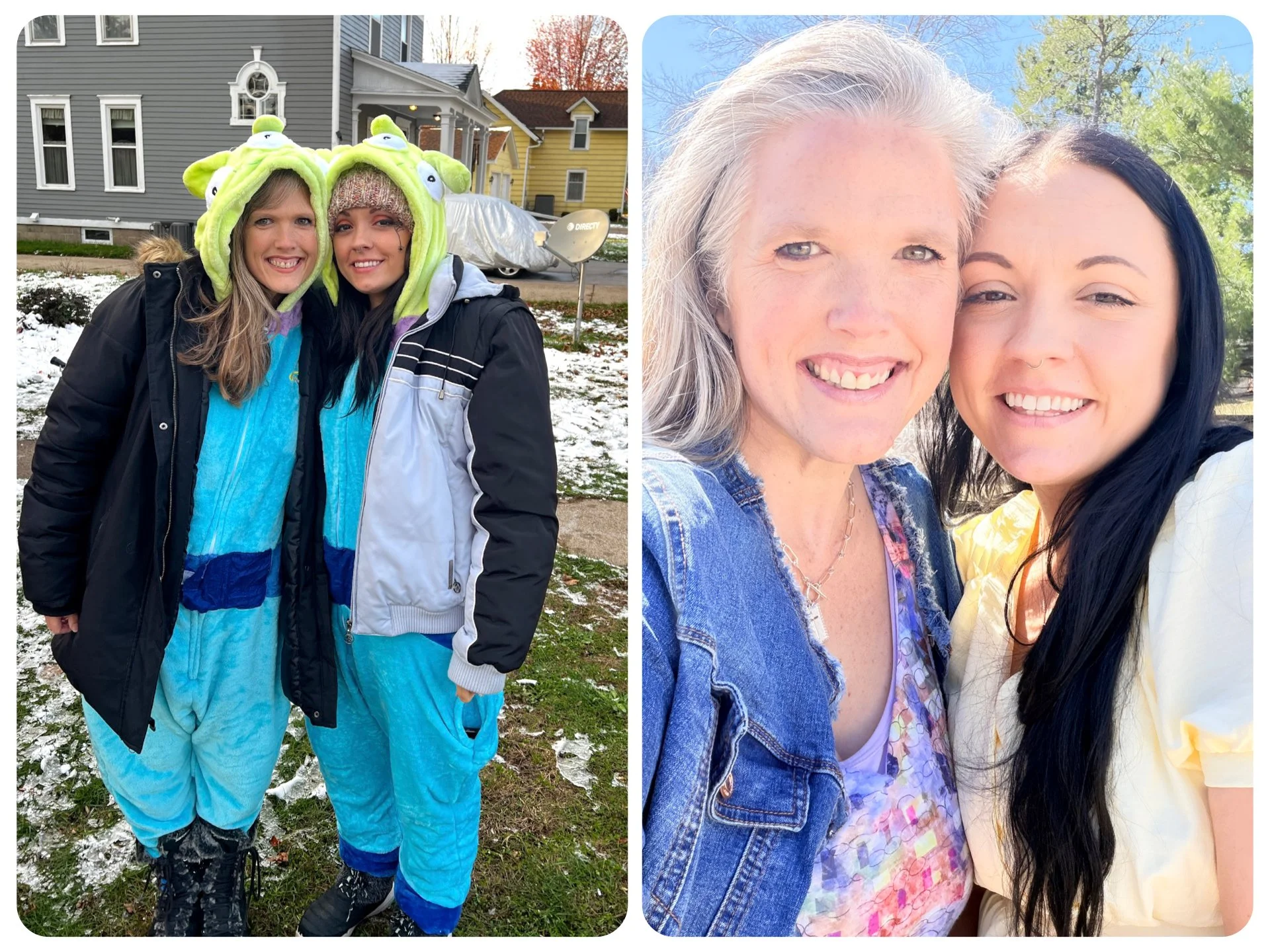 Side-by-side photos of two women smiling outdoors. The left photo shows two women in colorful costumes with alien hat headpieces, standing on a snowy lawn in front of houses. The right photo features two women close together, smiling with a background of trees and blue sky.
