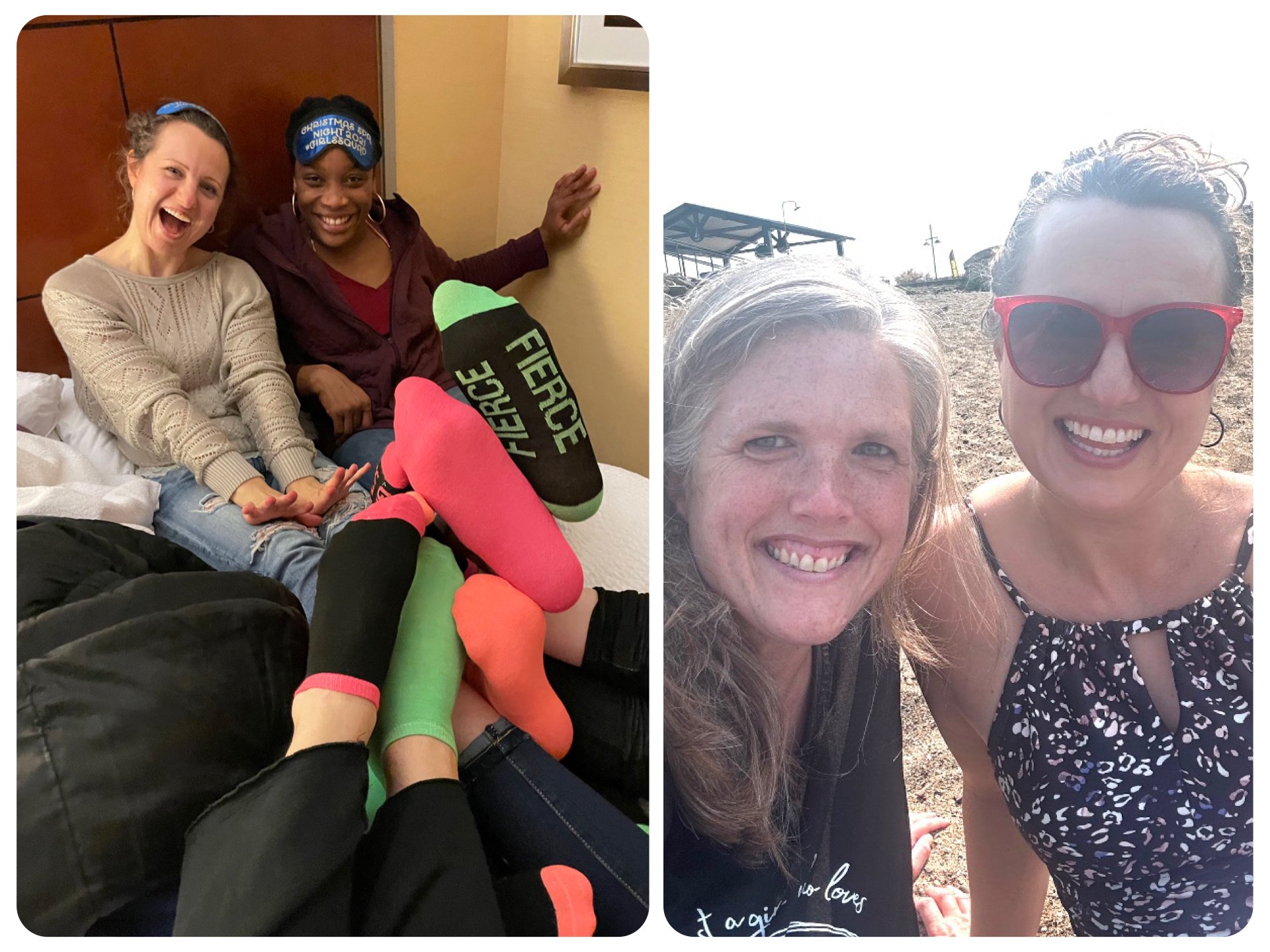 Two photos side by side. The left shows two women sitting on a bed, smiling and cheering, with one wearing a Christmas-themed sleep mask. The right shows two women outdoors, smiling at the camera, with one wearing red sunglasses, during a sunny day at the beach.