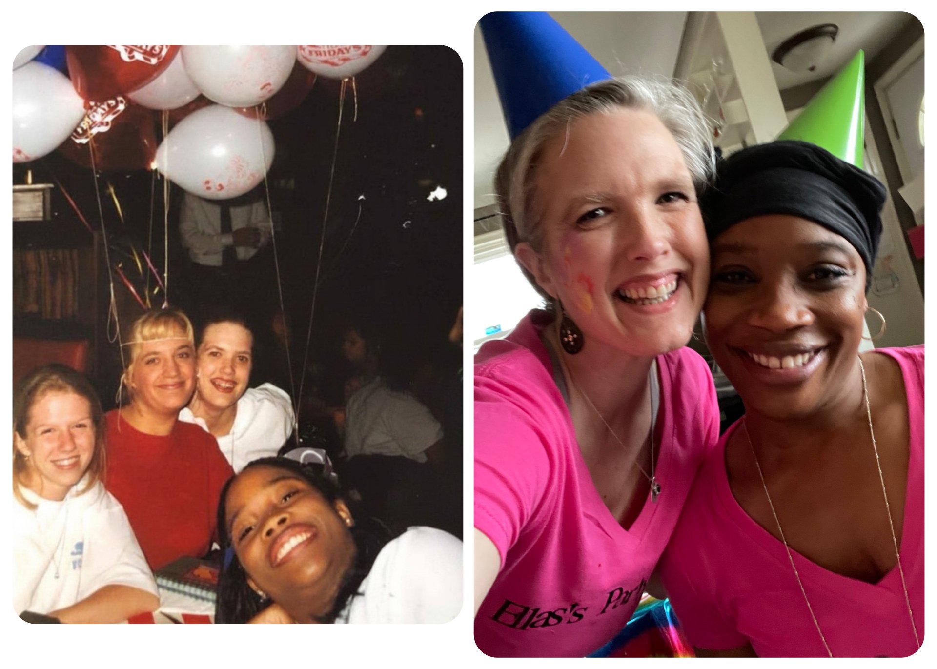 Two photos of women celebrating together. The left photo shows a group of women at a party with balloons and festive decorations, smiling and enjoying the moment. The right photo shows two women wearing blue and green party hats, smiling closely together, wearing pink shirts, in a cheerful setting.