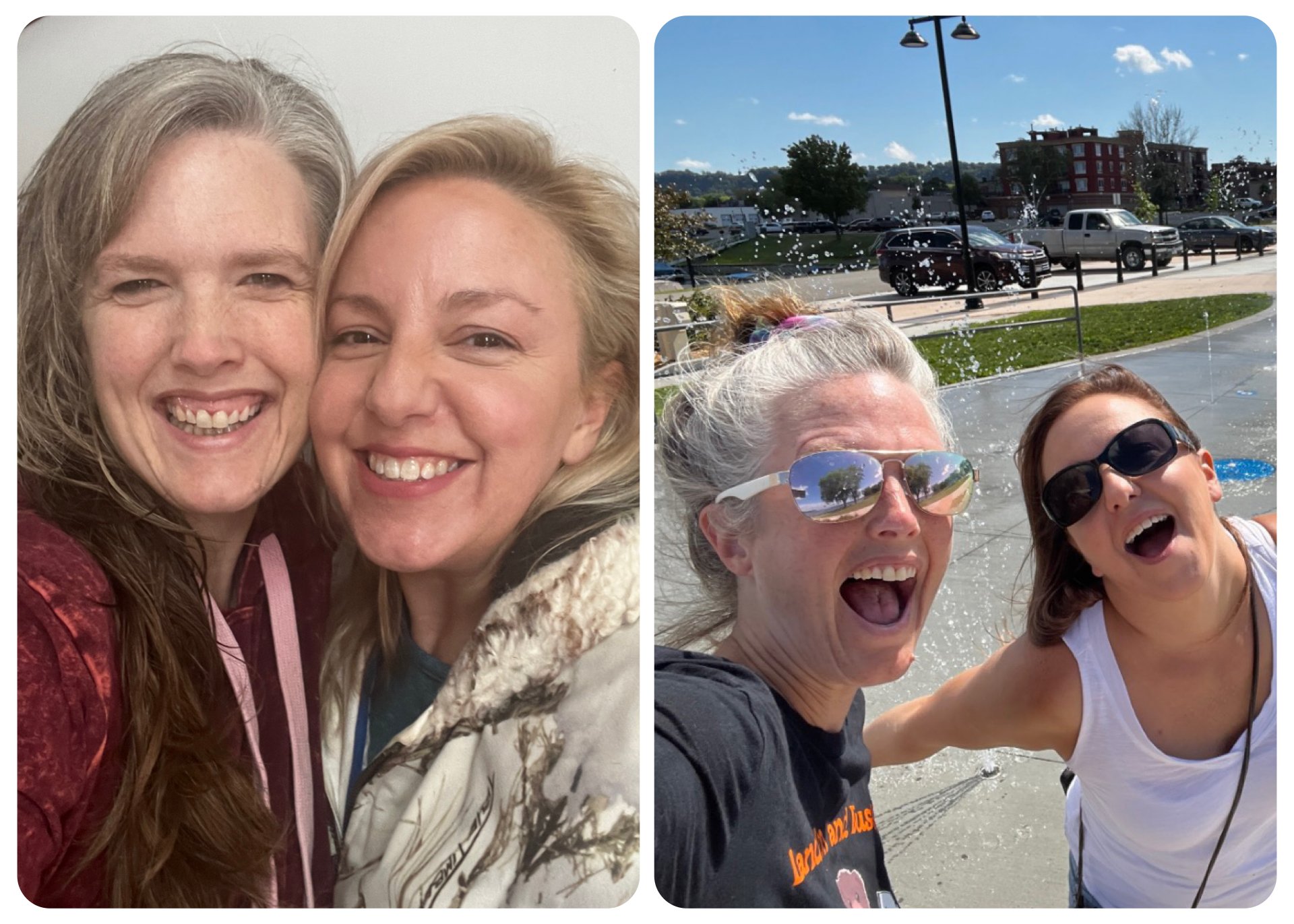 Two photos side by side; the left photo features two women smiling closely in an indoor setting, the woman on the left has gray hair and the woman on the right has blonde hair. The right photo shows two women outdoors at a beach or lakeside, both smiling with wide-open mouths and wearing sunglasses, with water splashing around them during a playful water activity, with cars, buildings, and a blue sky in the background.